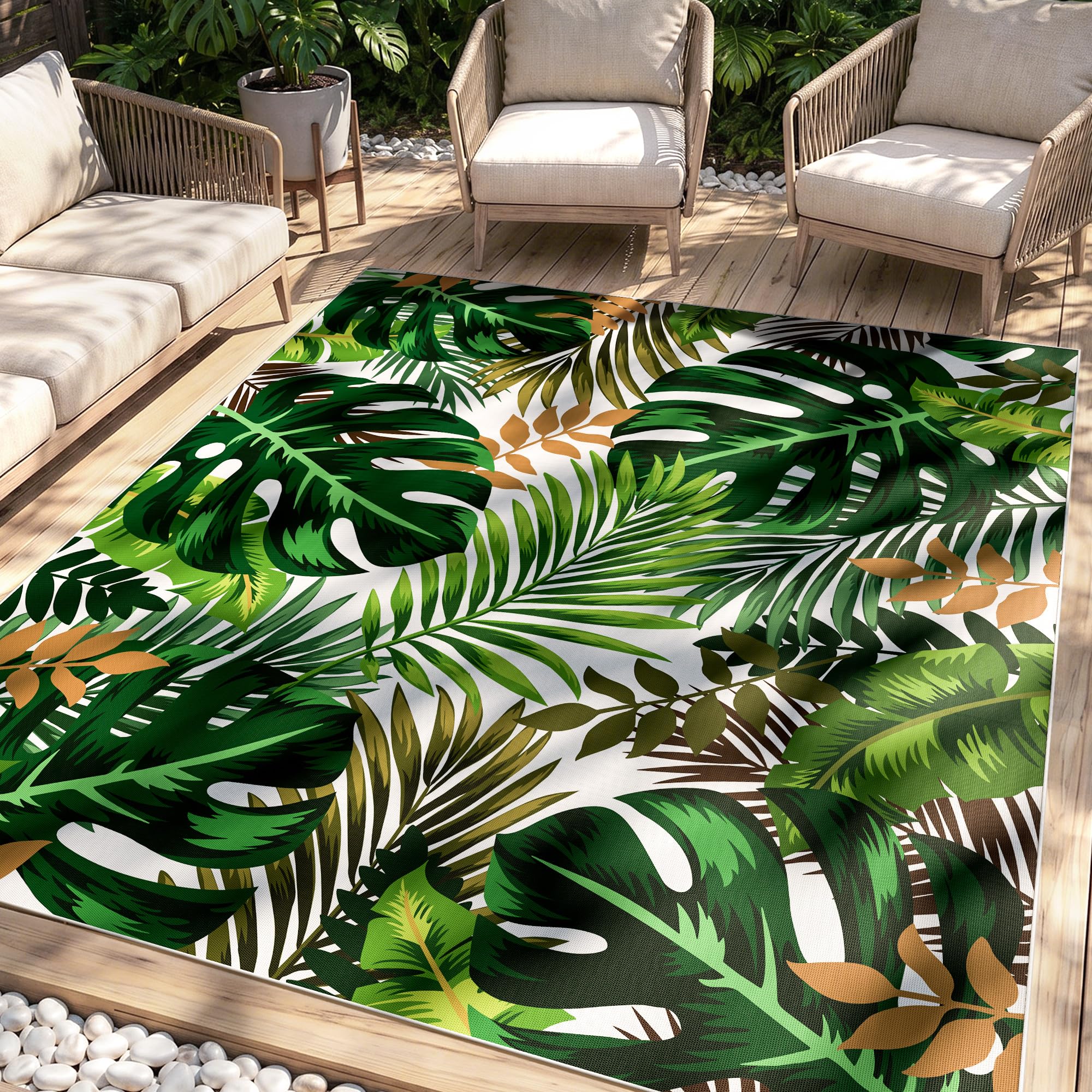 Arenarug vista frontal alfombra Monstera aporta estilo exterior