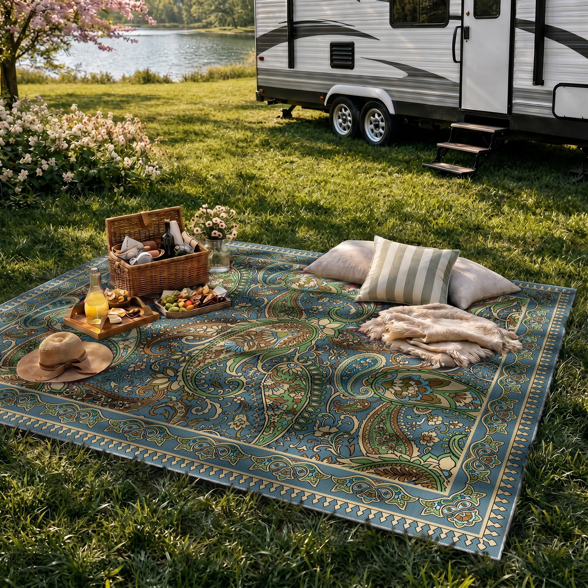 Arenarug detalle del estampado paisley en verde salvia y azul con colores duraderos