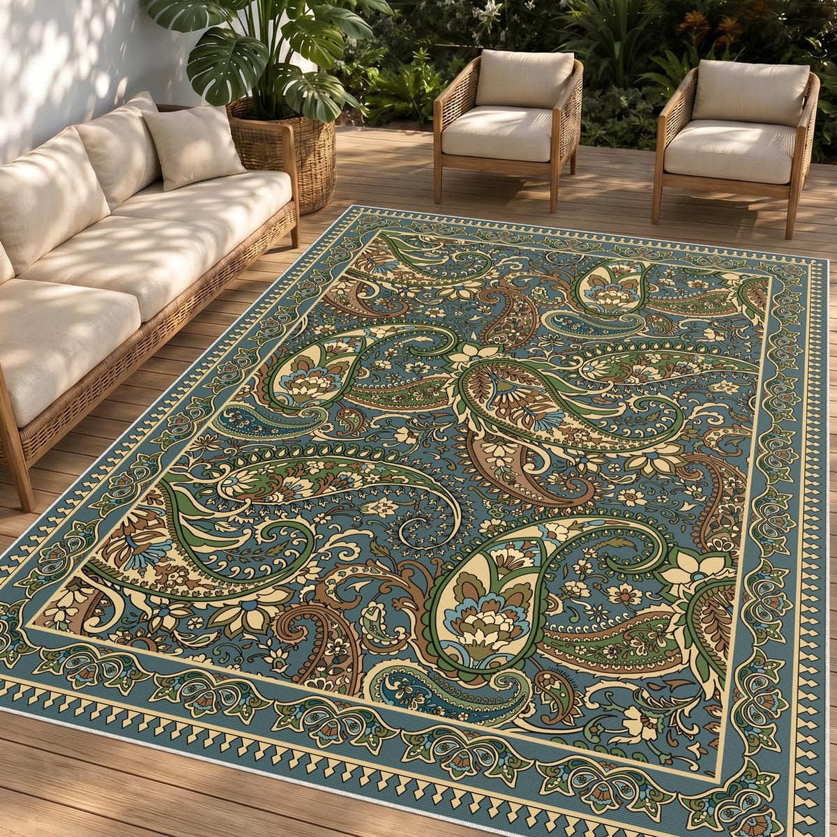 Arenarug vista frontal de la alfombra 4x6 con diseño paisley, mejora estética del patio