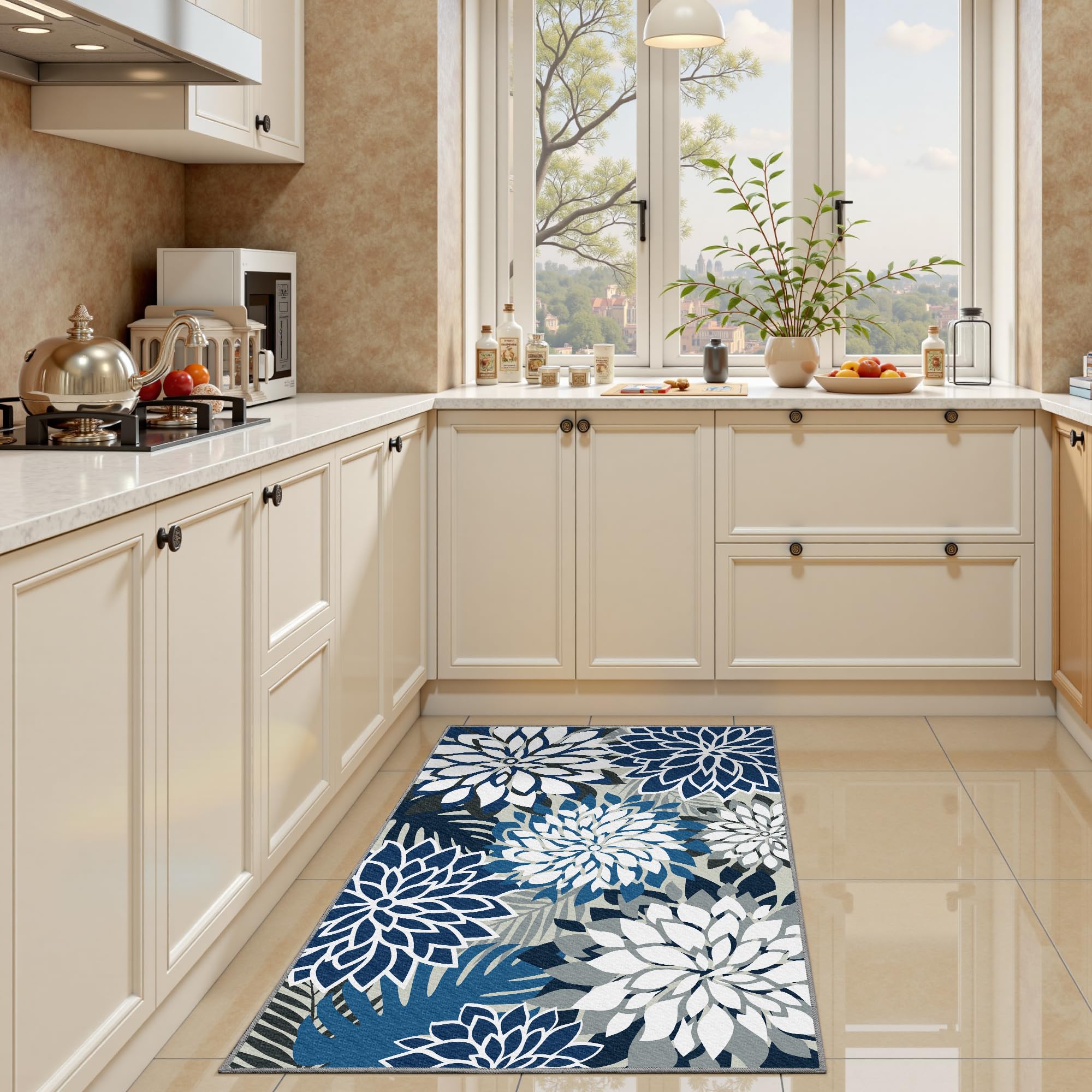 Arenarug detalle de textura floral que muestra acabado resistente al desgaste