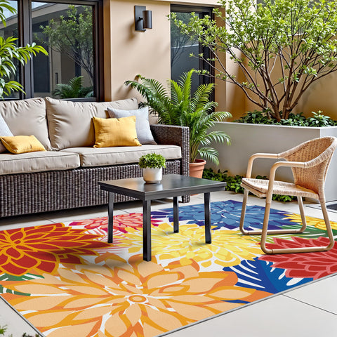 Arenarug en uso sobre patio con muebles, creando ambiente acogedor y resistente exterior