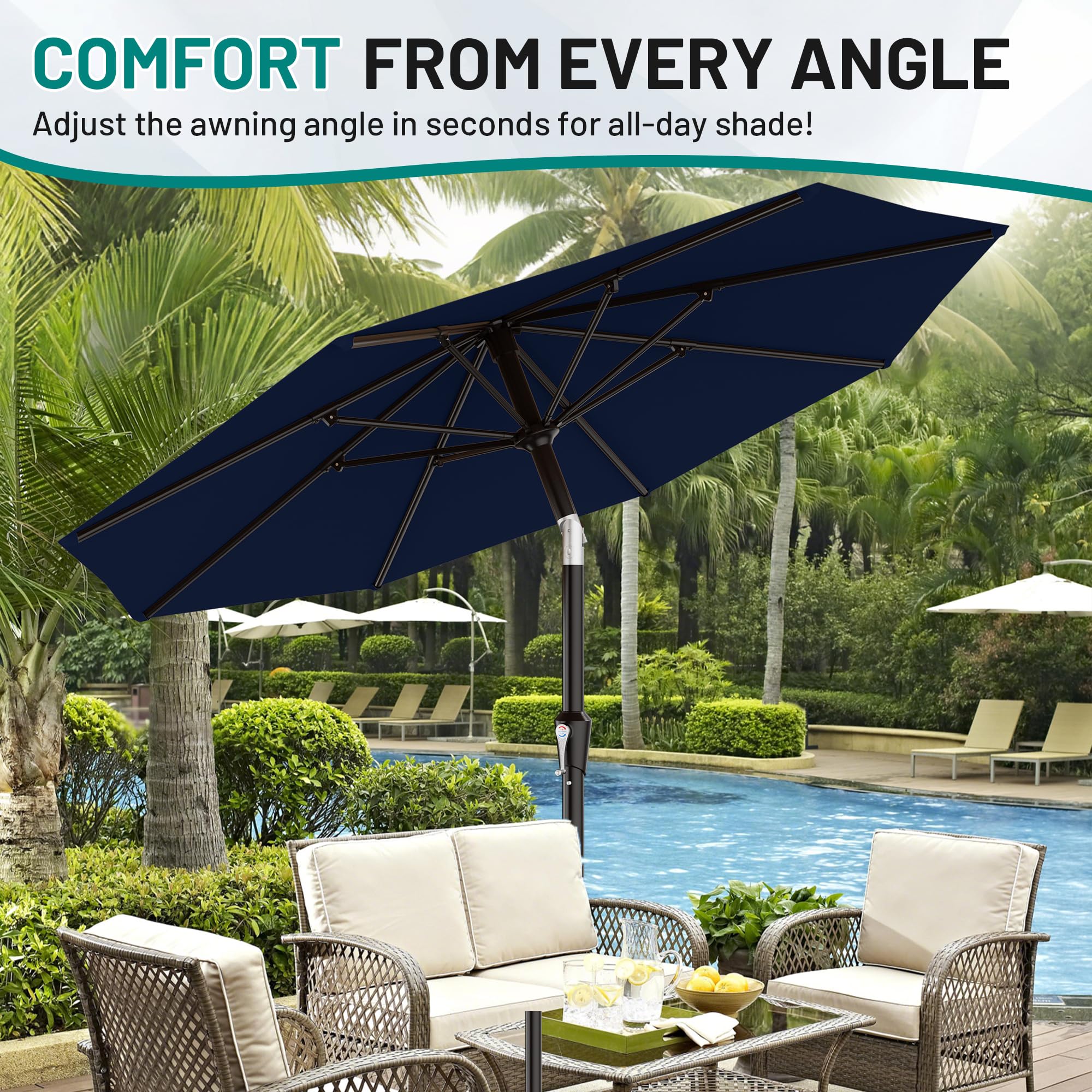 AreShark sombrilla instalada junto a piscina en ambiente exterior relajante