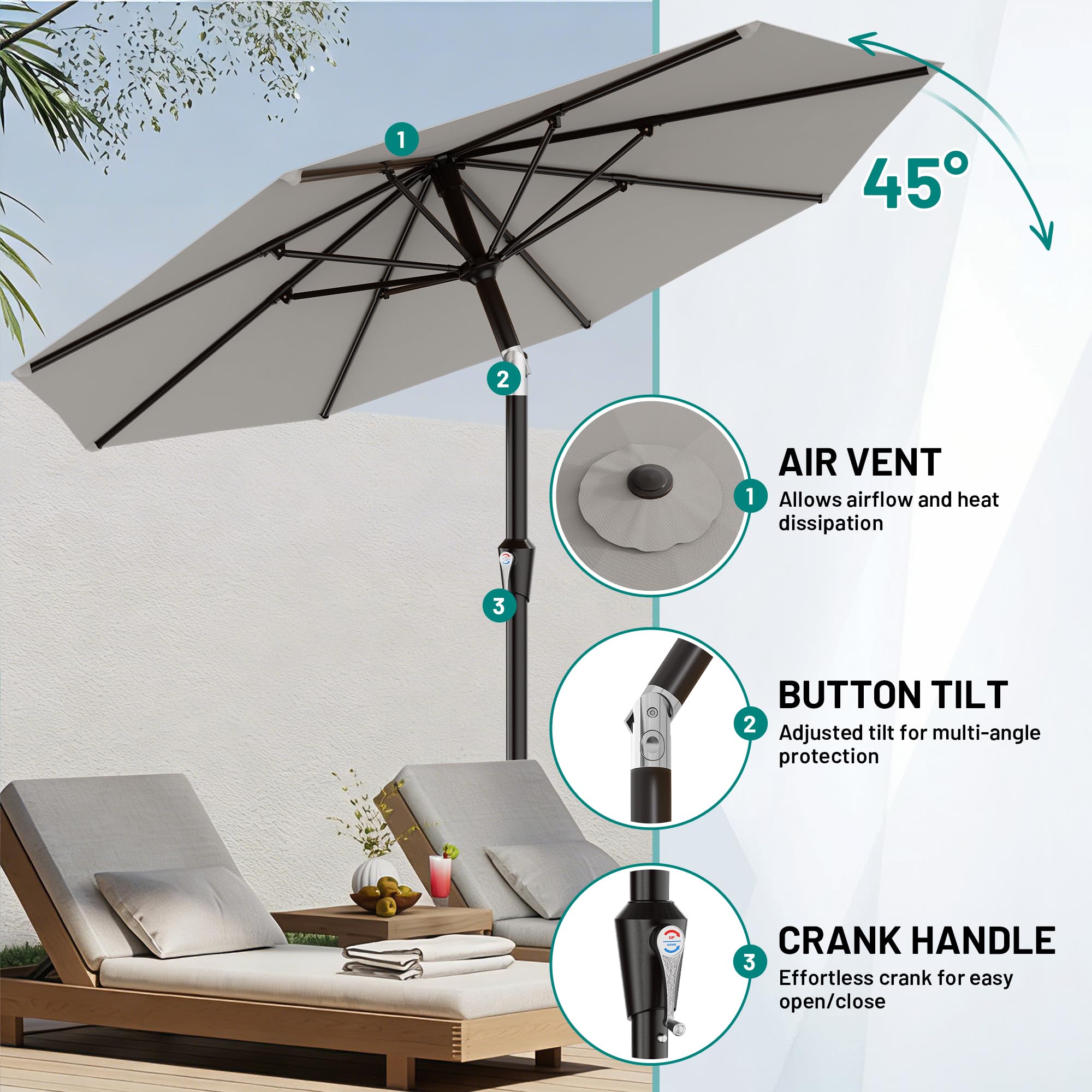 AreShark sombrilla instalada sobre mesa de jardín protegiendo comensales