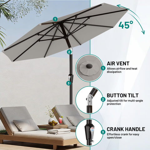 AreShark sombrilla instalada sobre mesa de jardín protegiendo comensales