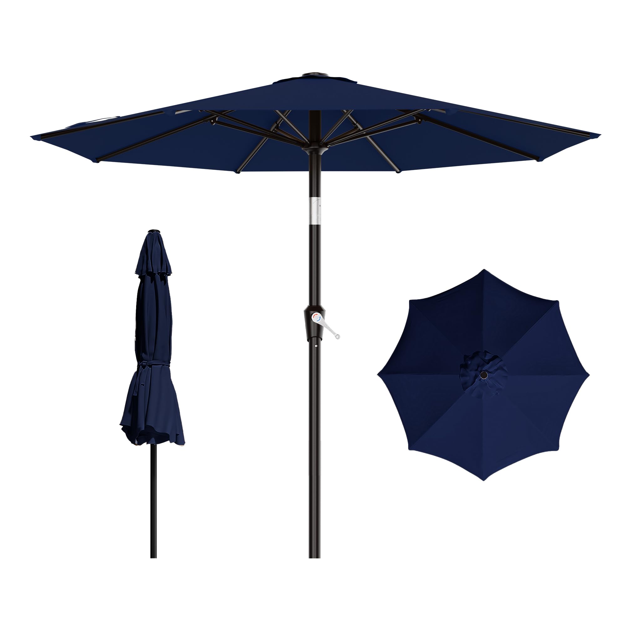 AreShark vista frontal de la sombrilla navy mostrando amplia sombra y diseño resistente