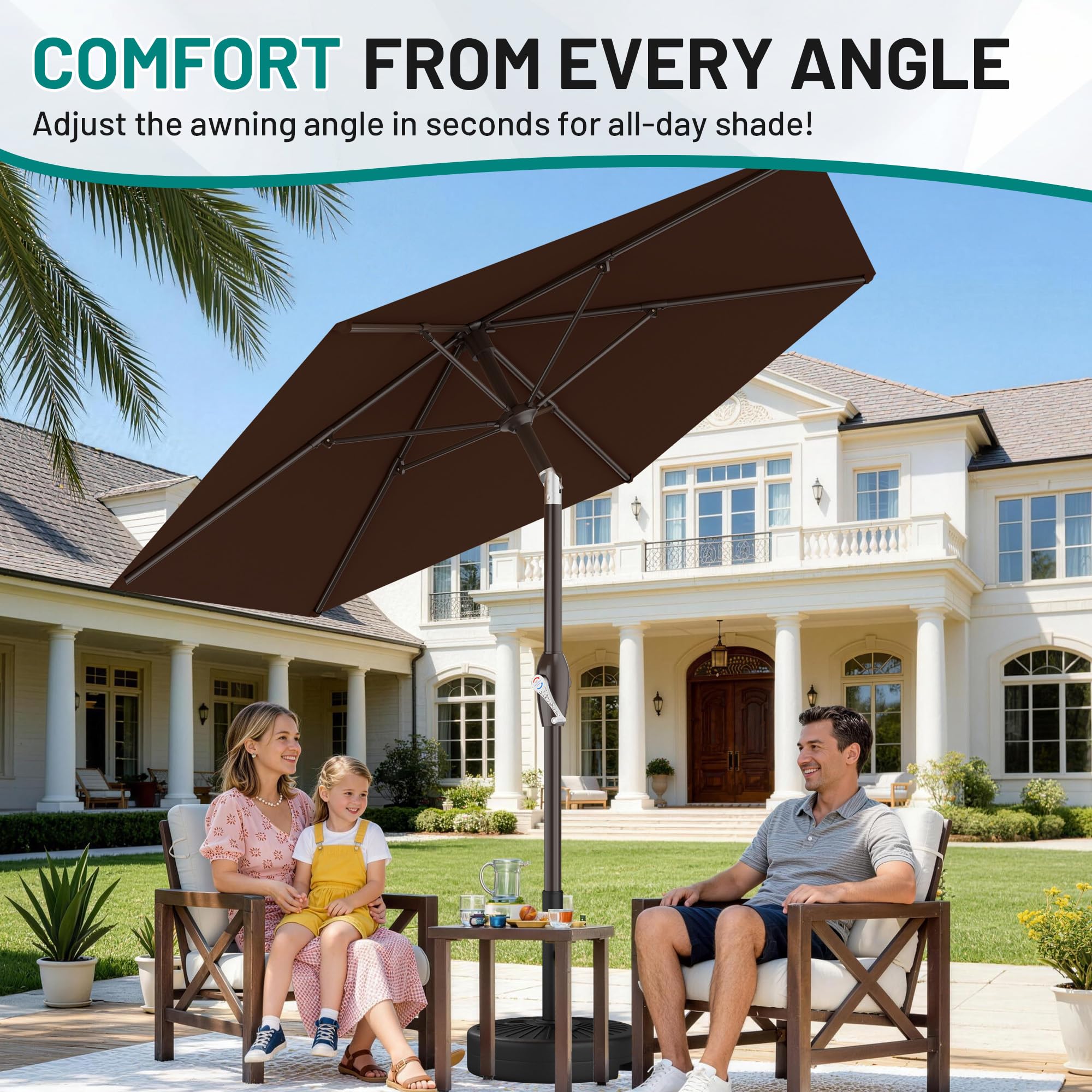 AreShark sombrilla colocada junto a mesa creando zona sombreada cómoda