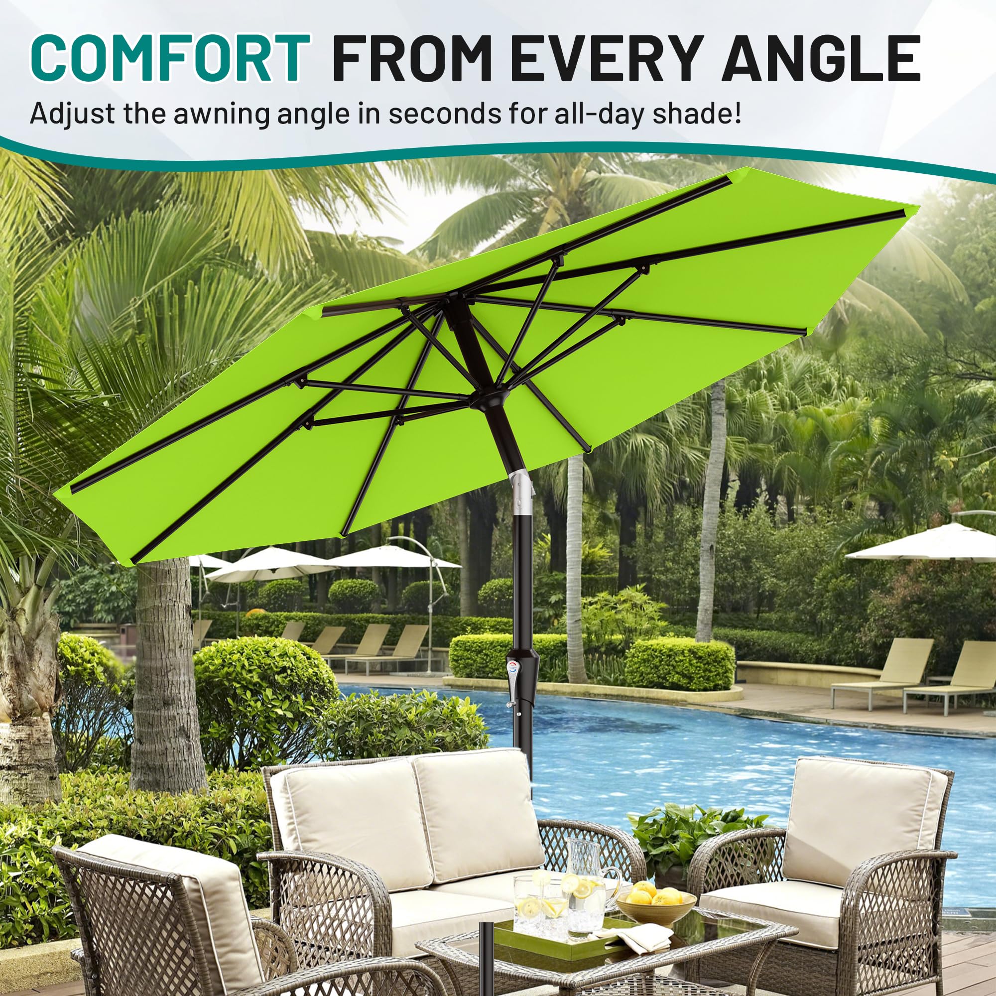 AreShark sombrilla colocada sobre patio con mesa y ambiente relajado