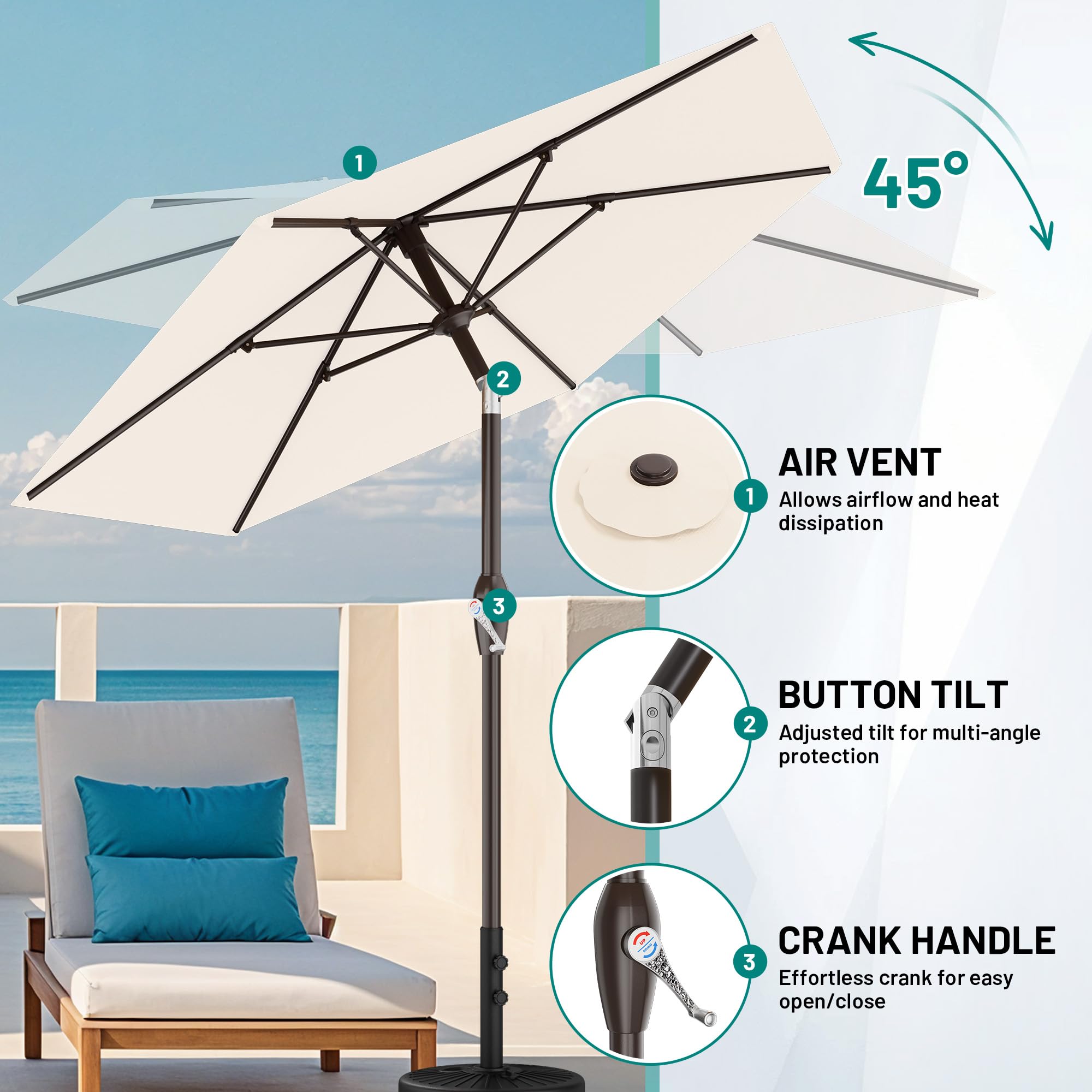 AreShark sombrilla instalada en terraza crea sombra amplia y cómoda