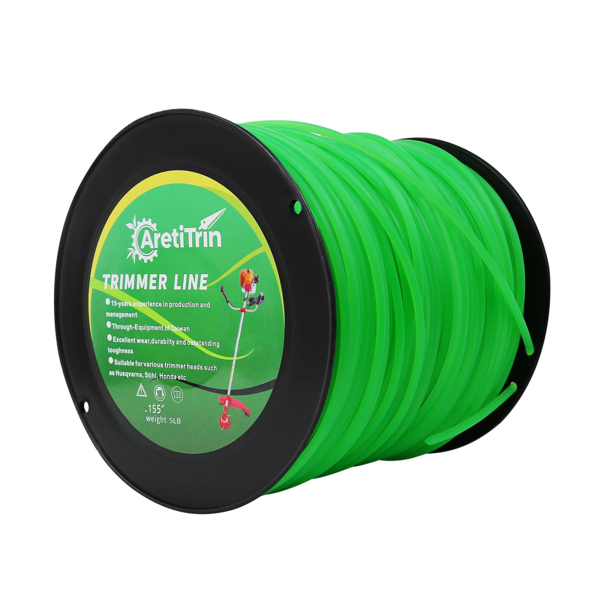 AretiTrin carrete frontal 499 ft mostrando longitud y color verde para trabajo prolongado