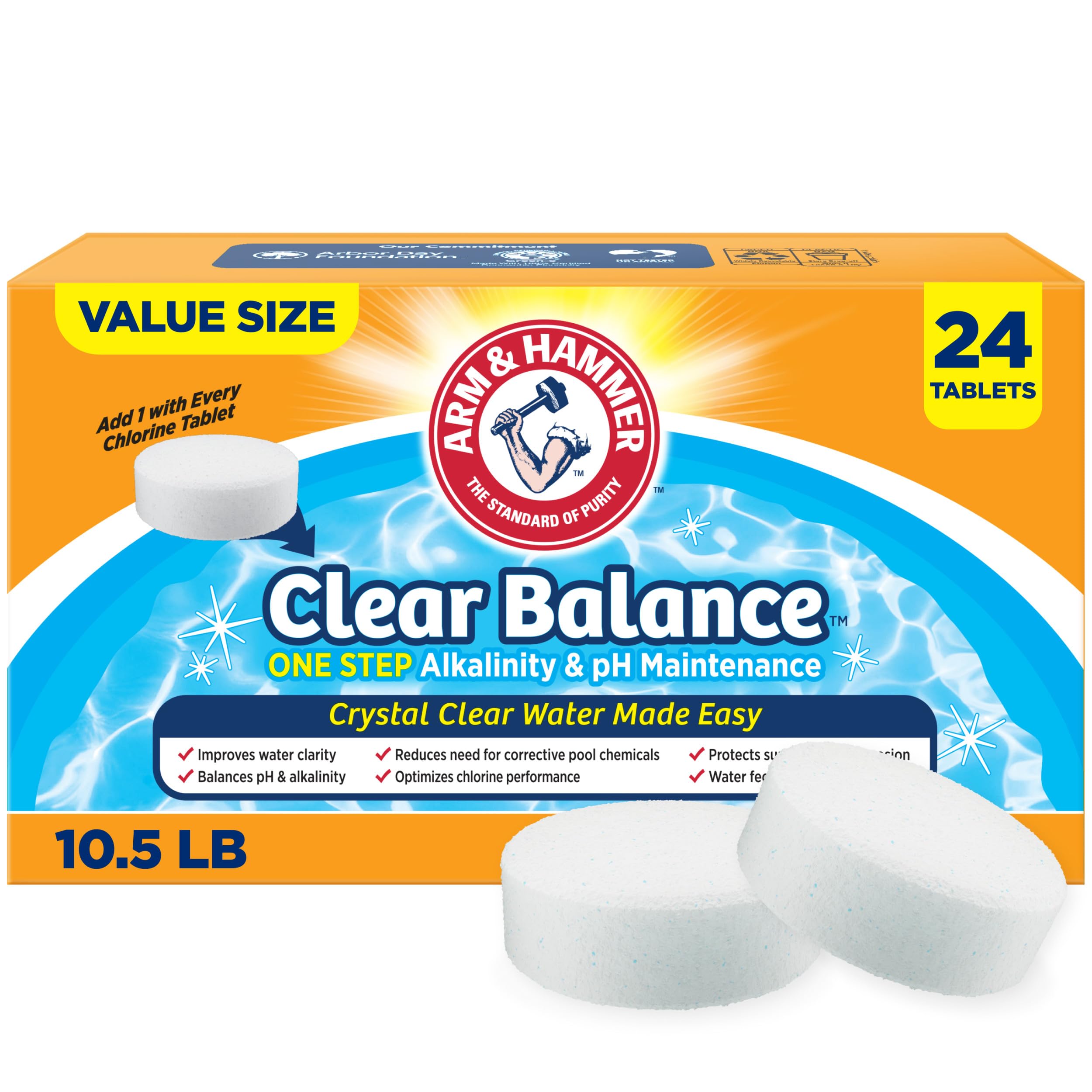 Arm & Hammer frente del empaque mostrando 24 tabletas y beneficio claridad