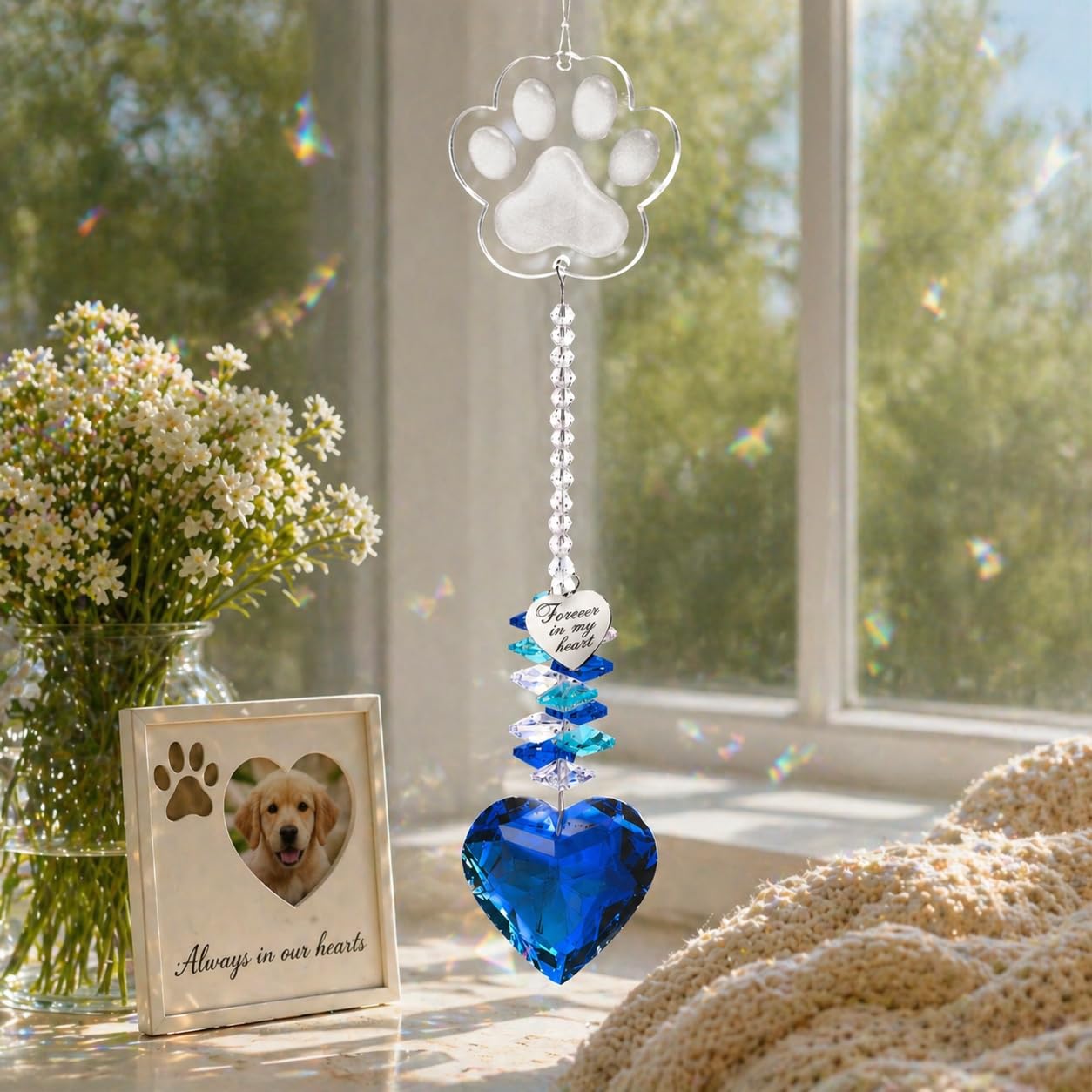 ARUN suncatcher colgado en ventana creando colores calmantes