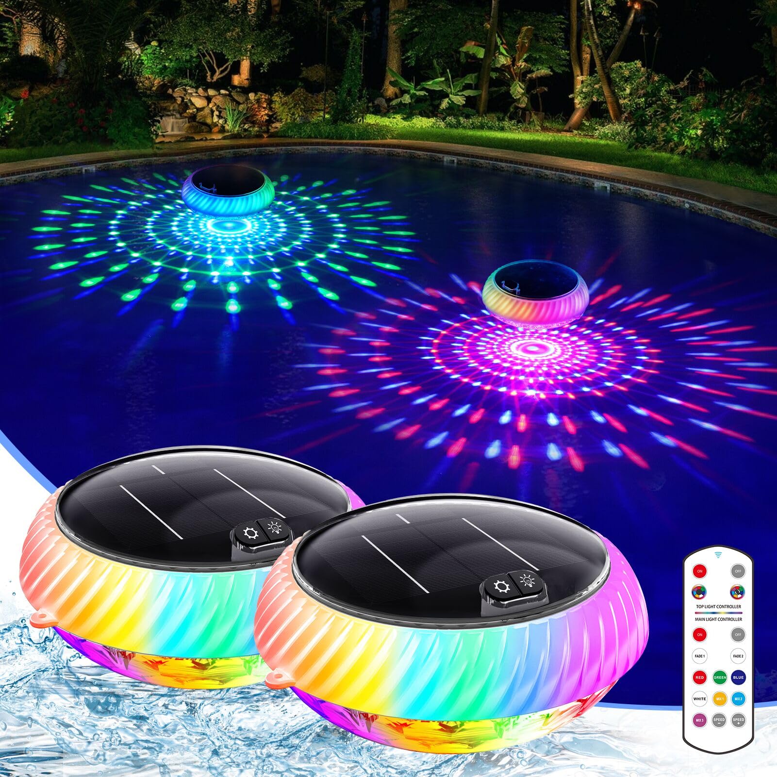 Askyli vista frontal de la luz flotante en piscina iluminando colores variados
