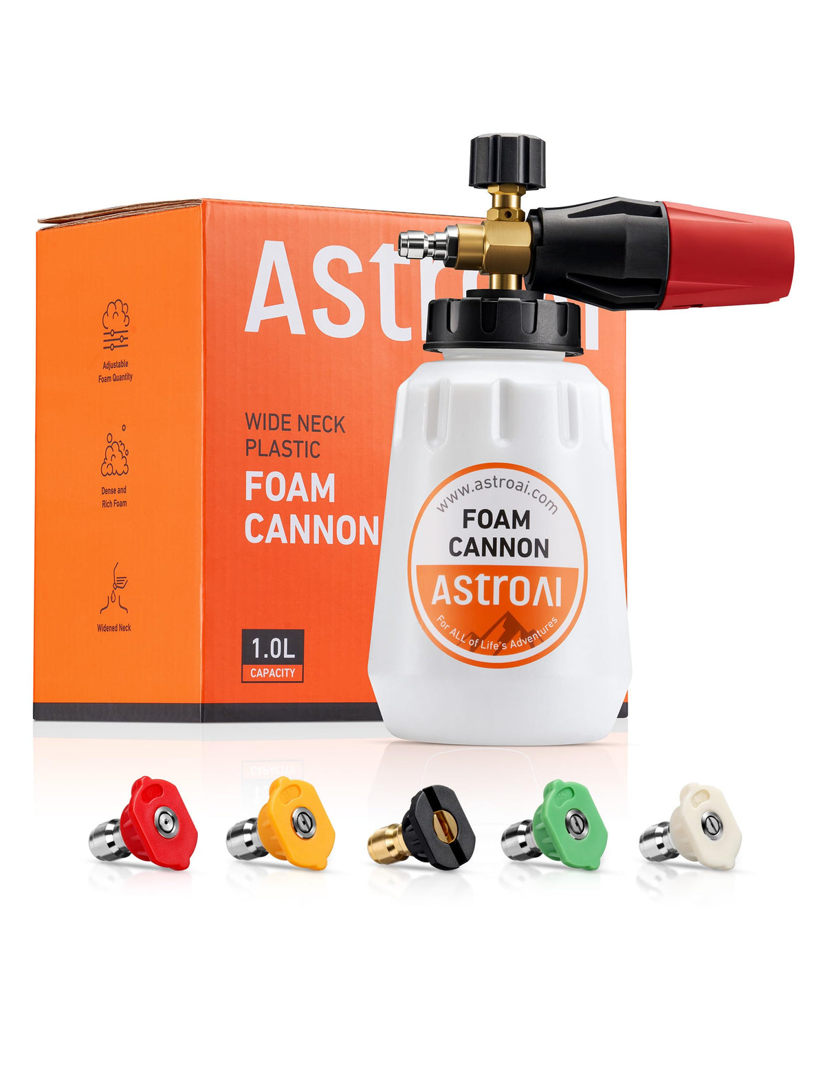 AstroAI vista frontal del foam cannon mostrando diseño compacto y fácil montaje