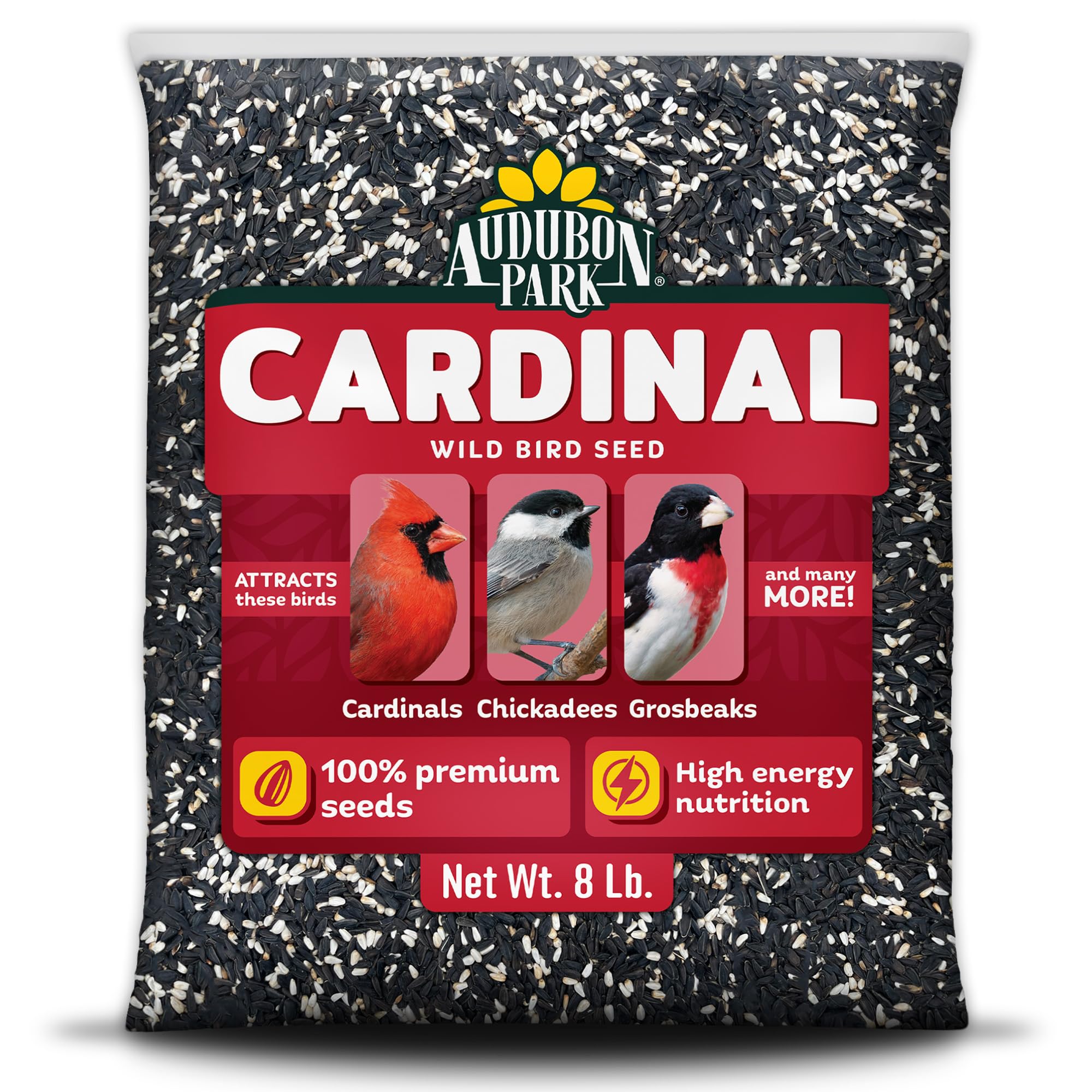 Audubon Park empaque frontal de 8 lb mostrando mezcla y beneficio de atraer cardenales
