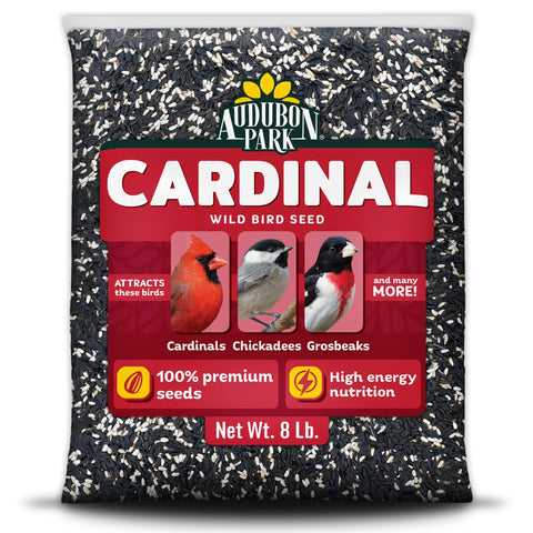 Audubon Park empaque frontal de 8 lb mostrando mezcla y beneficio de atraer cardenales
