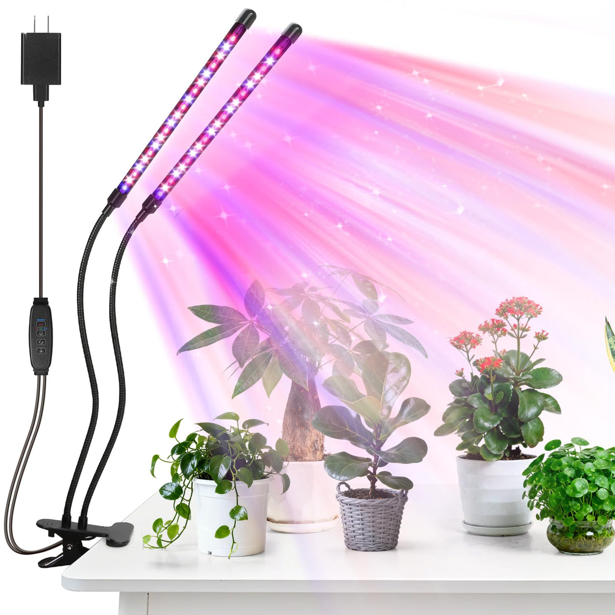 AURAZIGLI vista frontal de la lámpara de cultivo con dos cabezas, ahorro de espacio