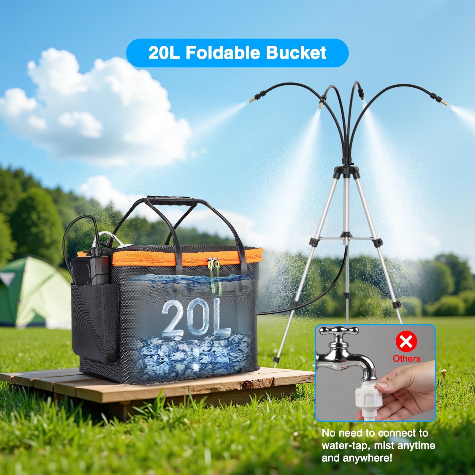 Ausic cubo plegable de 20L lleno y en uso, facilita autonomía de agua fuera de casa