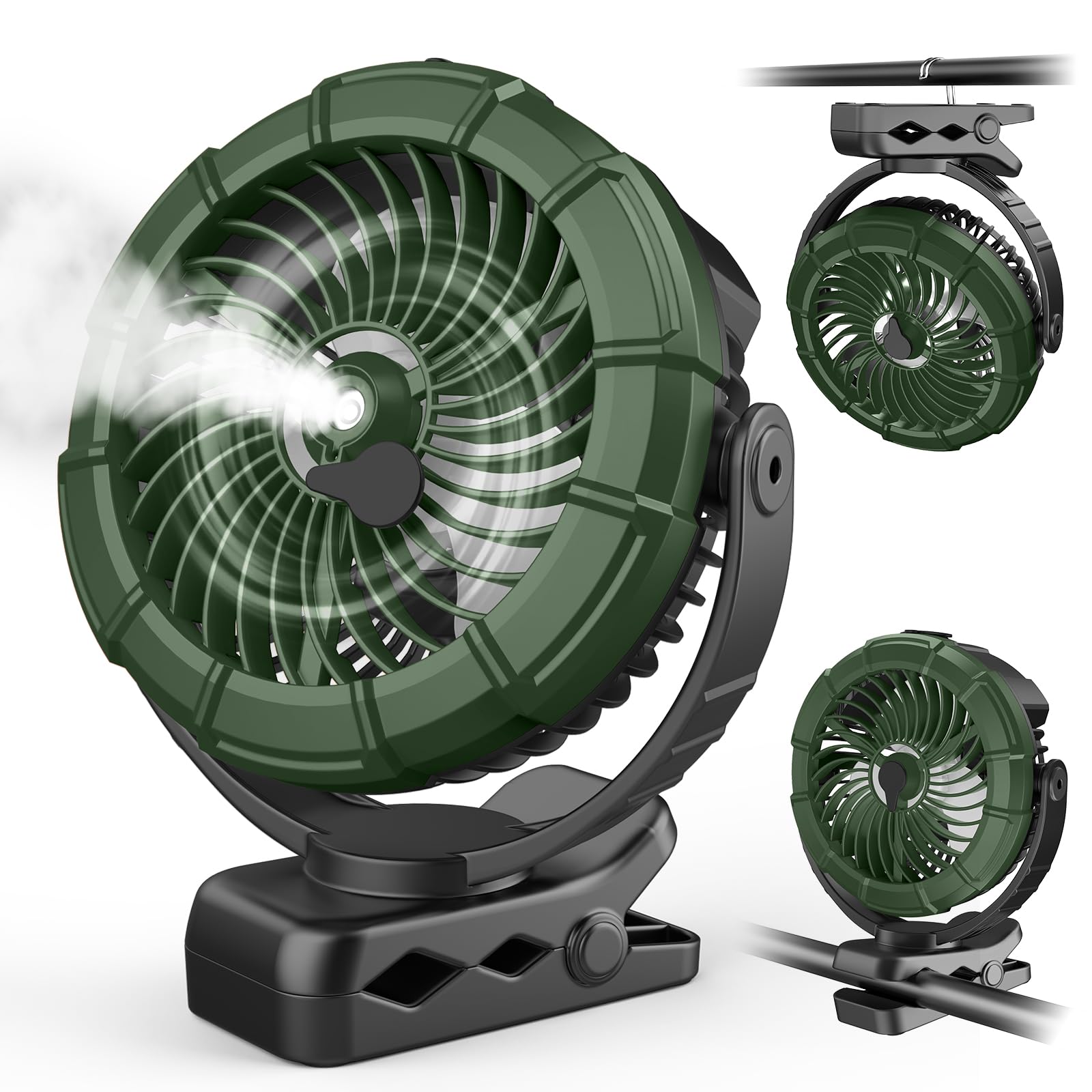 Ausic vista frontal del ventilador con clip y función nebulizadora, enfocado en portabilidad y frescor