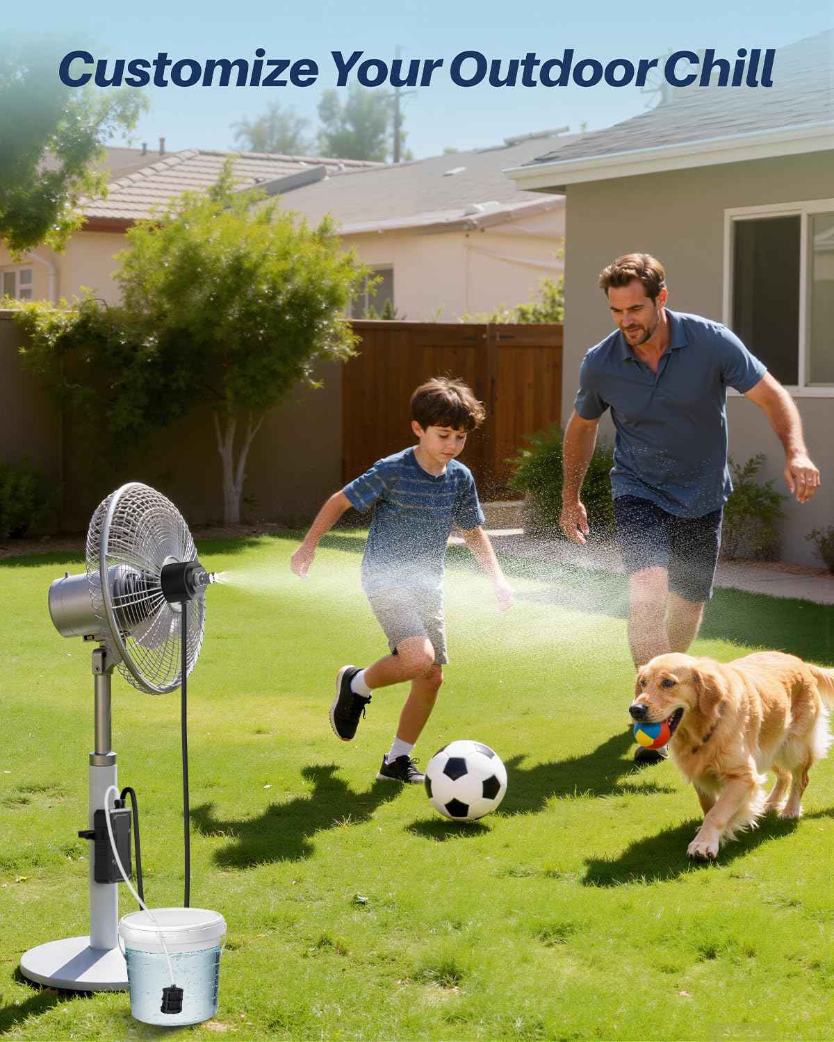 Ausic mist en una sombrilla de patio creando zona refrescante al aire libre