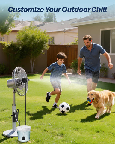 Ausic mist en una sombrilla de patio creando zona refrescante al aire libre