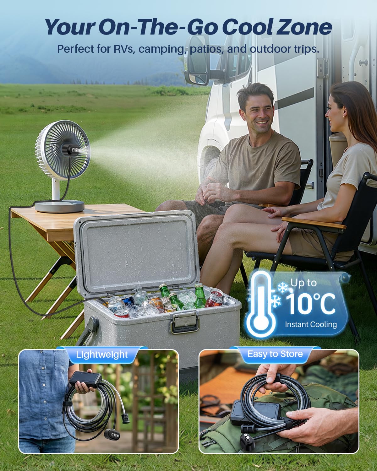 Ausic mister fijado a un ventilador magnético para refrescar terrazas