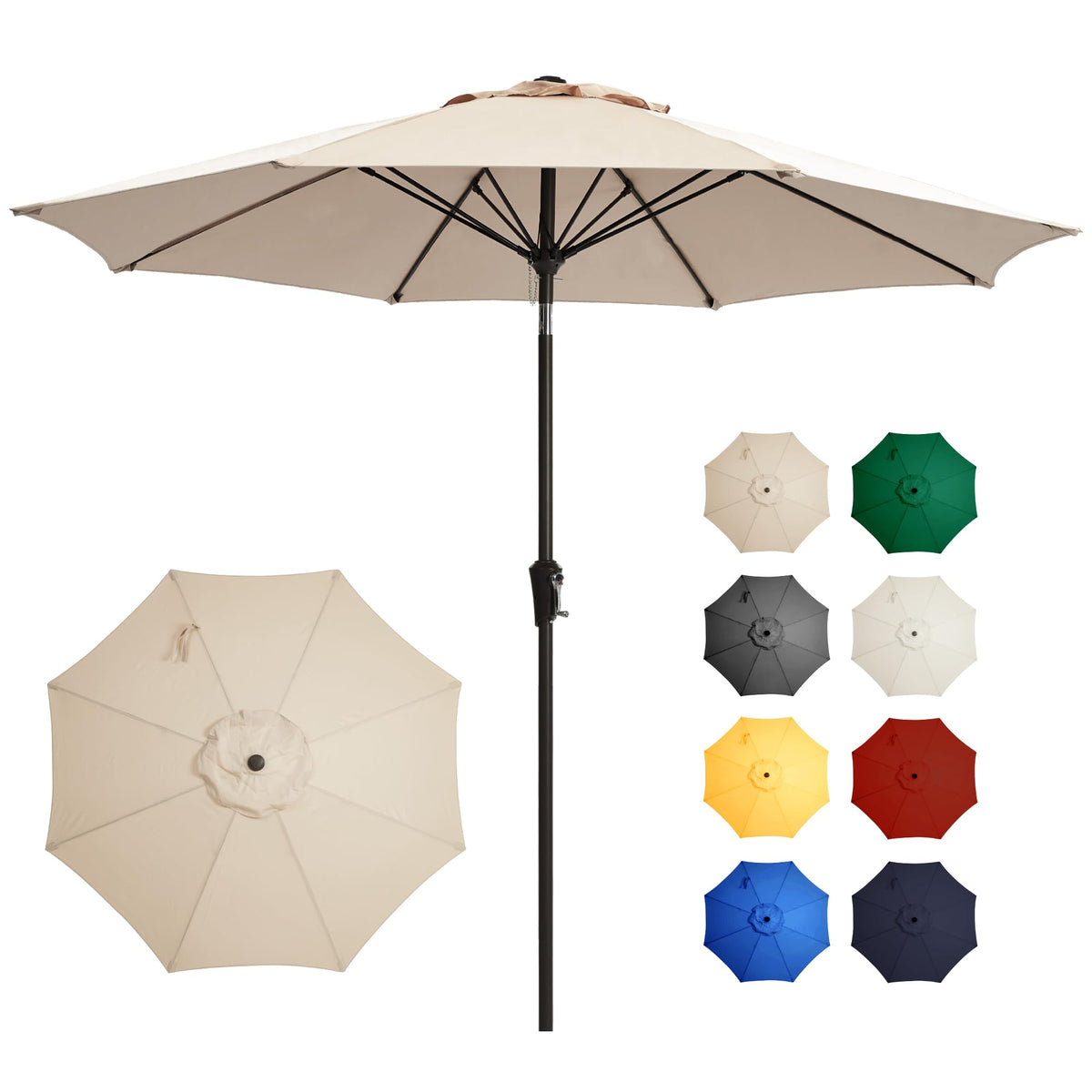 Ayge vista frontal de la sombrilla beige protegiendo mesa de exterior