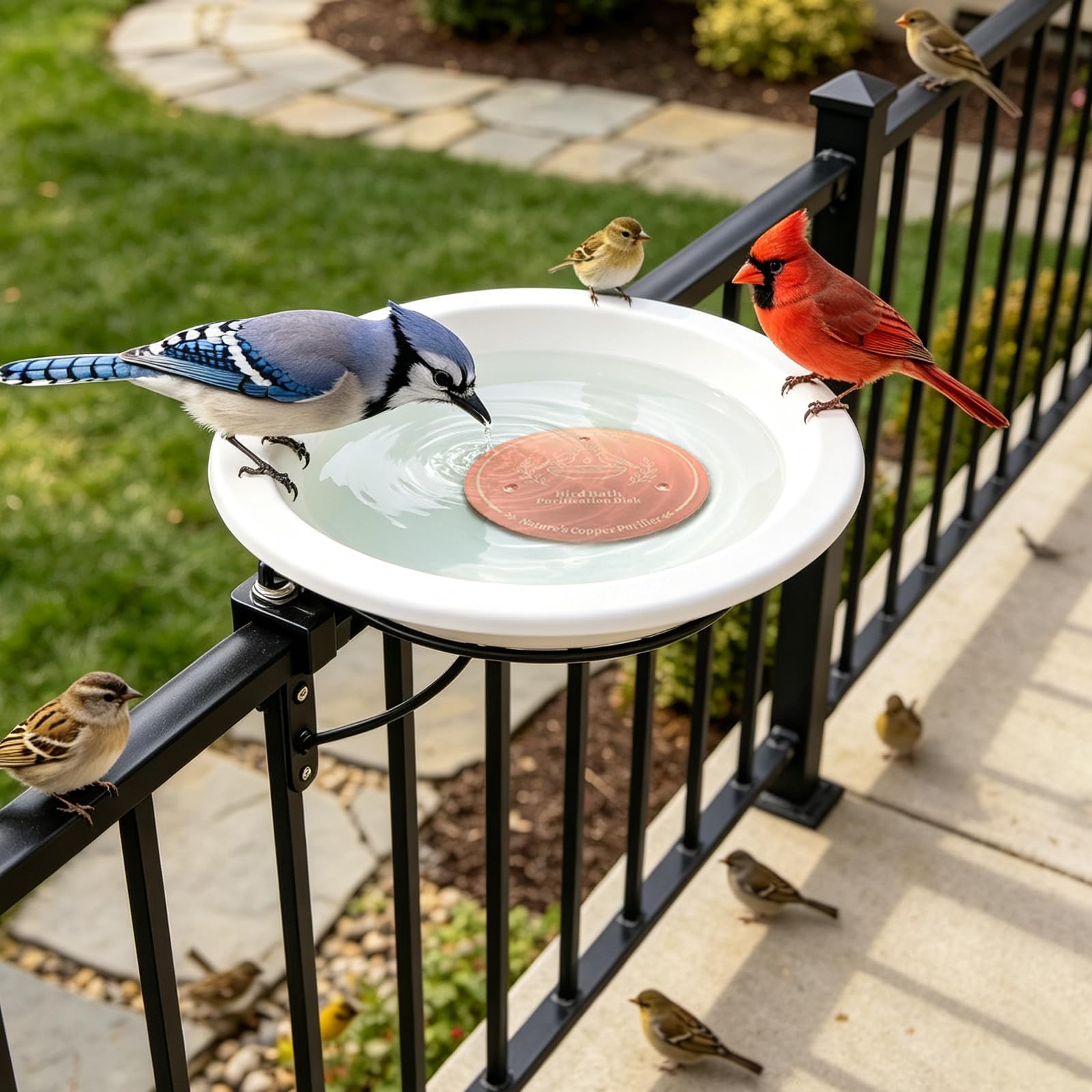 Azomabox disco en baño de mesa en jardín facilitando observación de aves