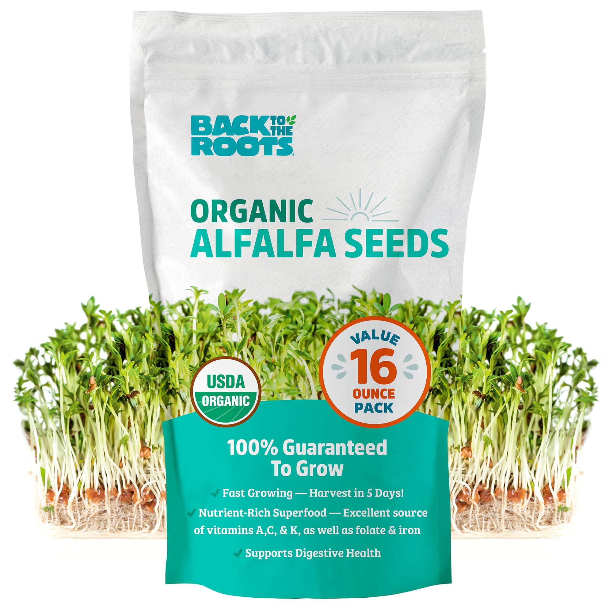 Back to the Roots paquete frontal mostrando 1 lb y certificación orgánica, ahorro