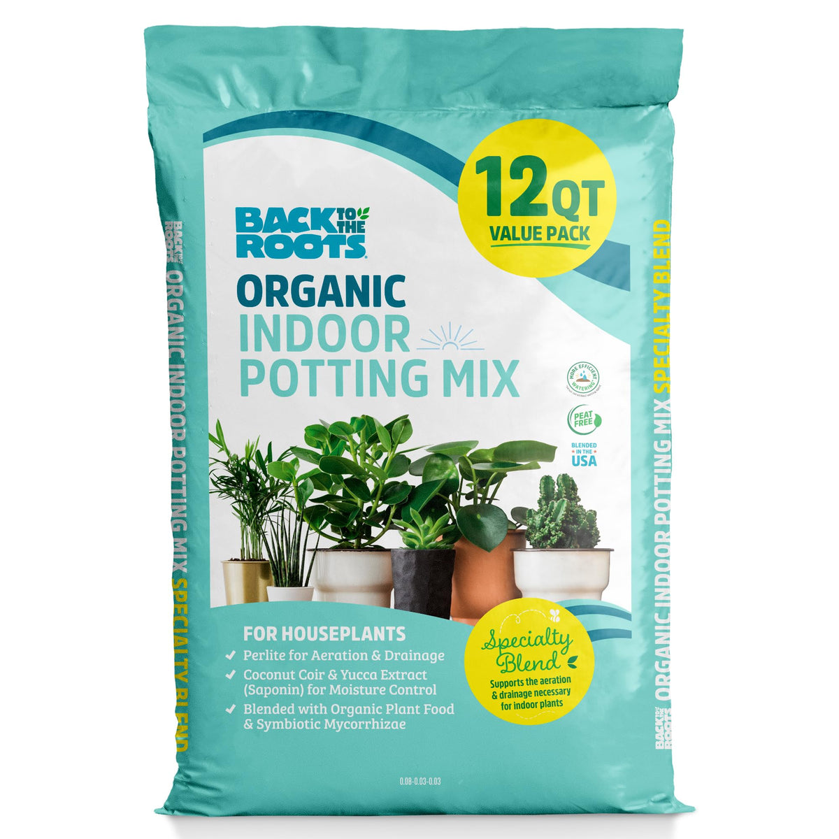 Back to the Roots frente del empaque mostrando 12qt y beneficios orgánicos