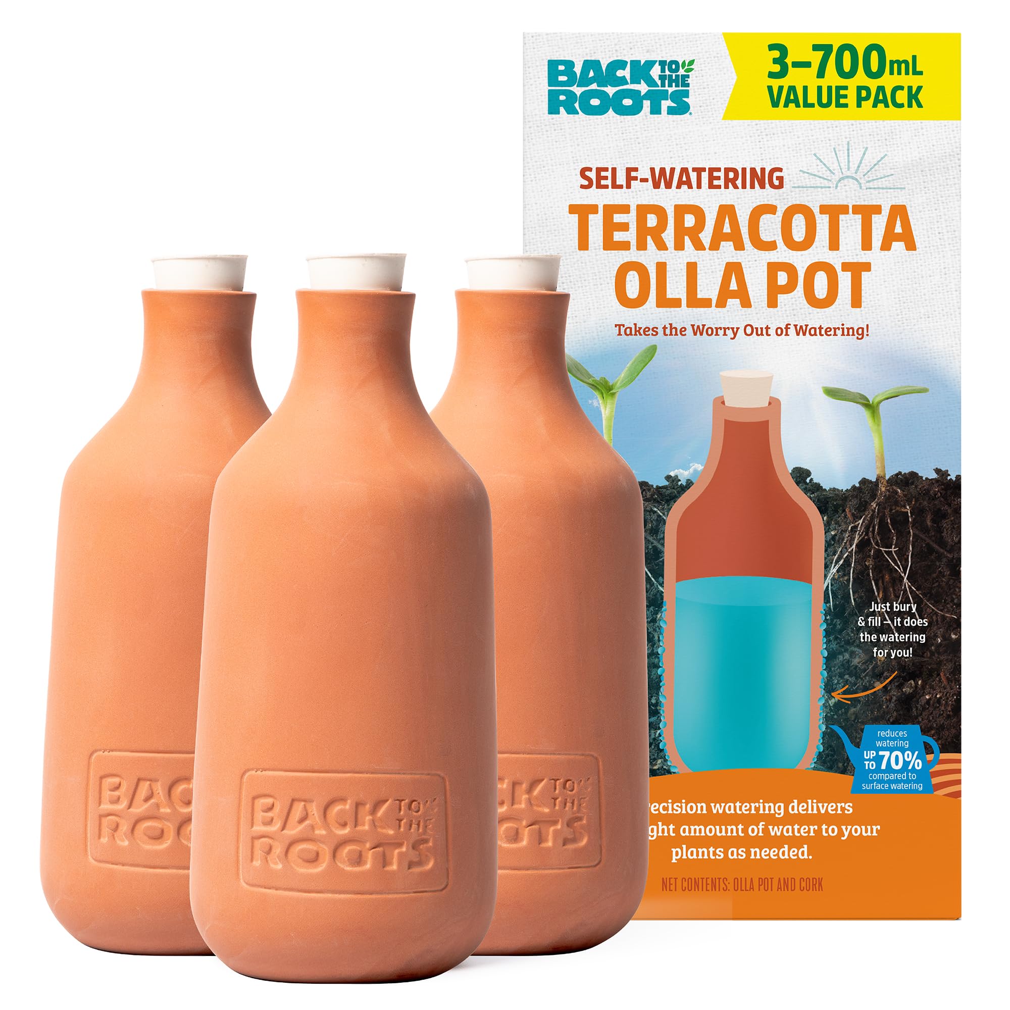 Back to the Roots olla frontal pack de 3 mostrando ahorro de riego