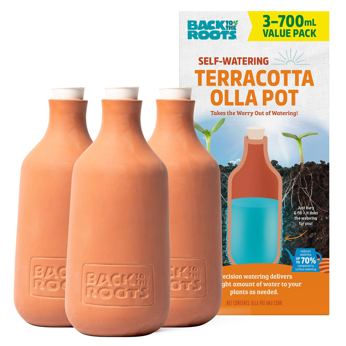 Back to the Roots olla frontal pack de 3 mostrando ahorro de riego