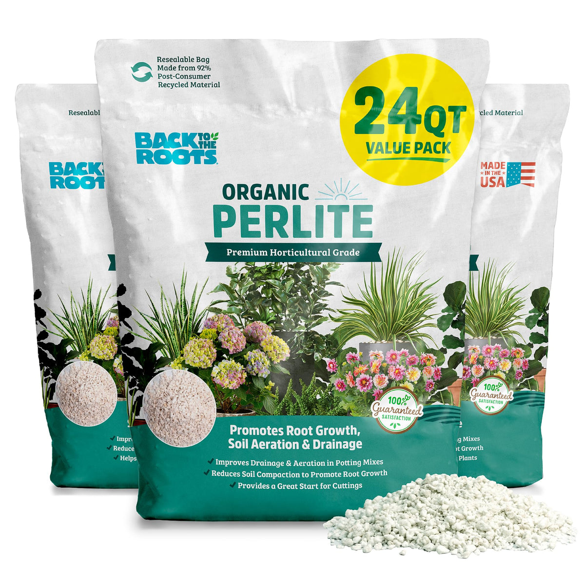 Back to the Roots empaque frontal mostrando 24 qt y beneficios