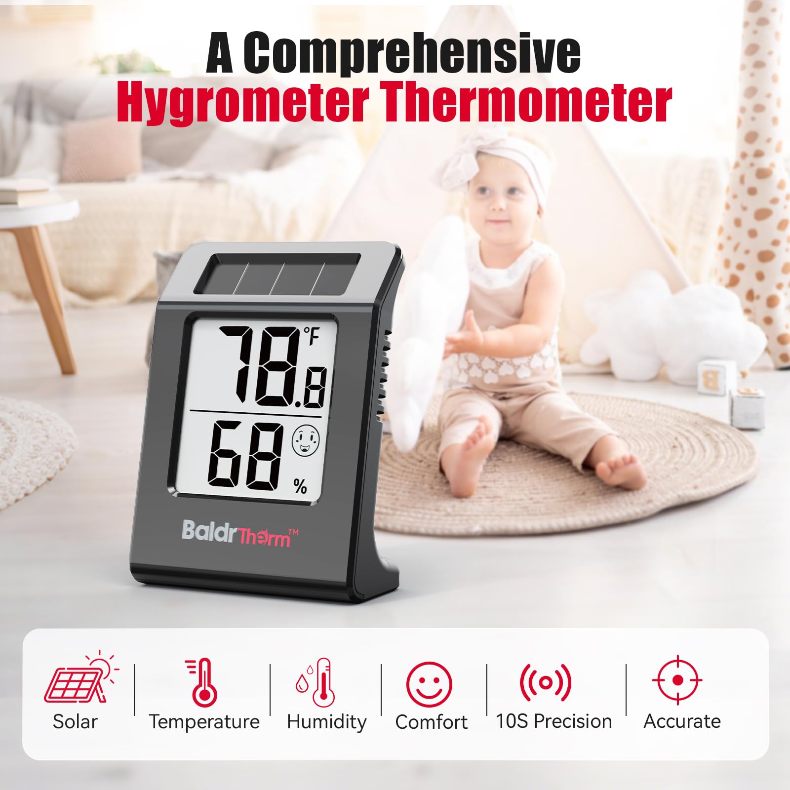 BaldrTherm pantalla con icono sonriente indicando ambiente confortable