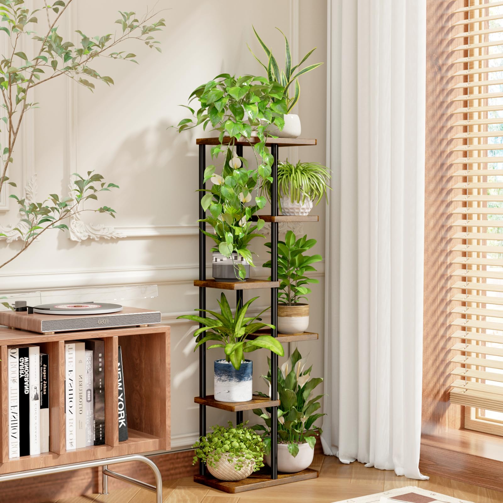 Bamworld estantería en salón decorativo integrando plantas y objetos