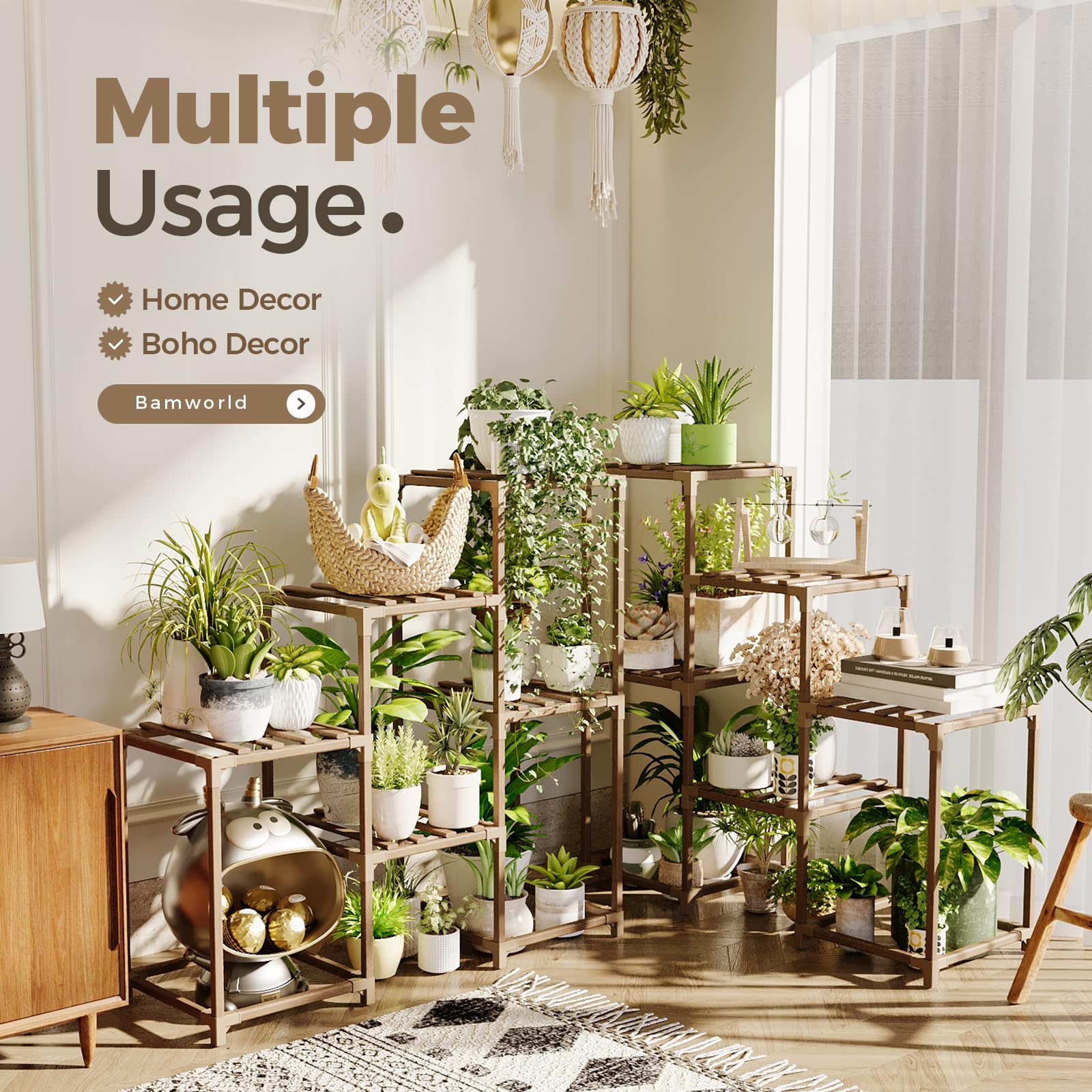 Bamworld estantería instalada en balcón realzando plantas y ahorro de espacio