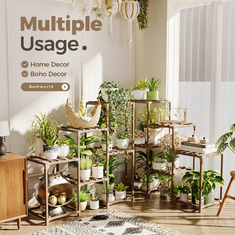 Bamworld estantería instalada en balcón realzando plantas y ahorro de espacio