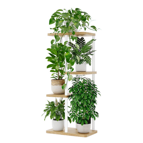 Bamworld estante frontal blanco mostrando cuatro niveles y ahorro de espacio