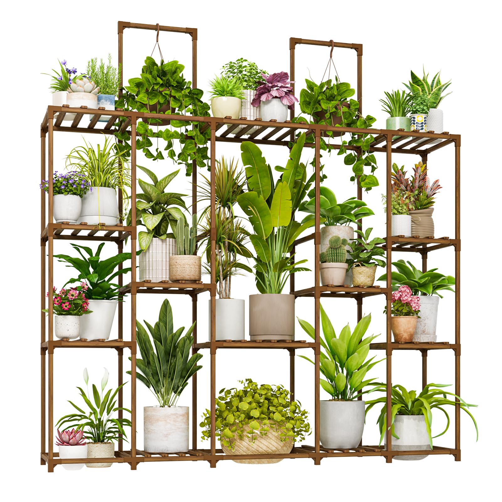 Bamworld estantería frontal con varias macetas muestra organización y capacidad