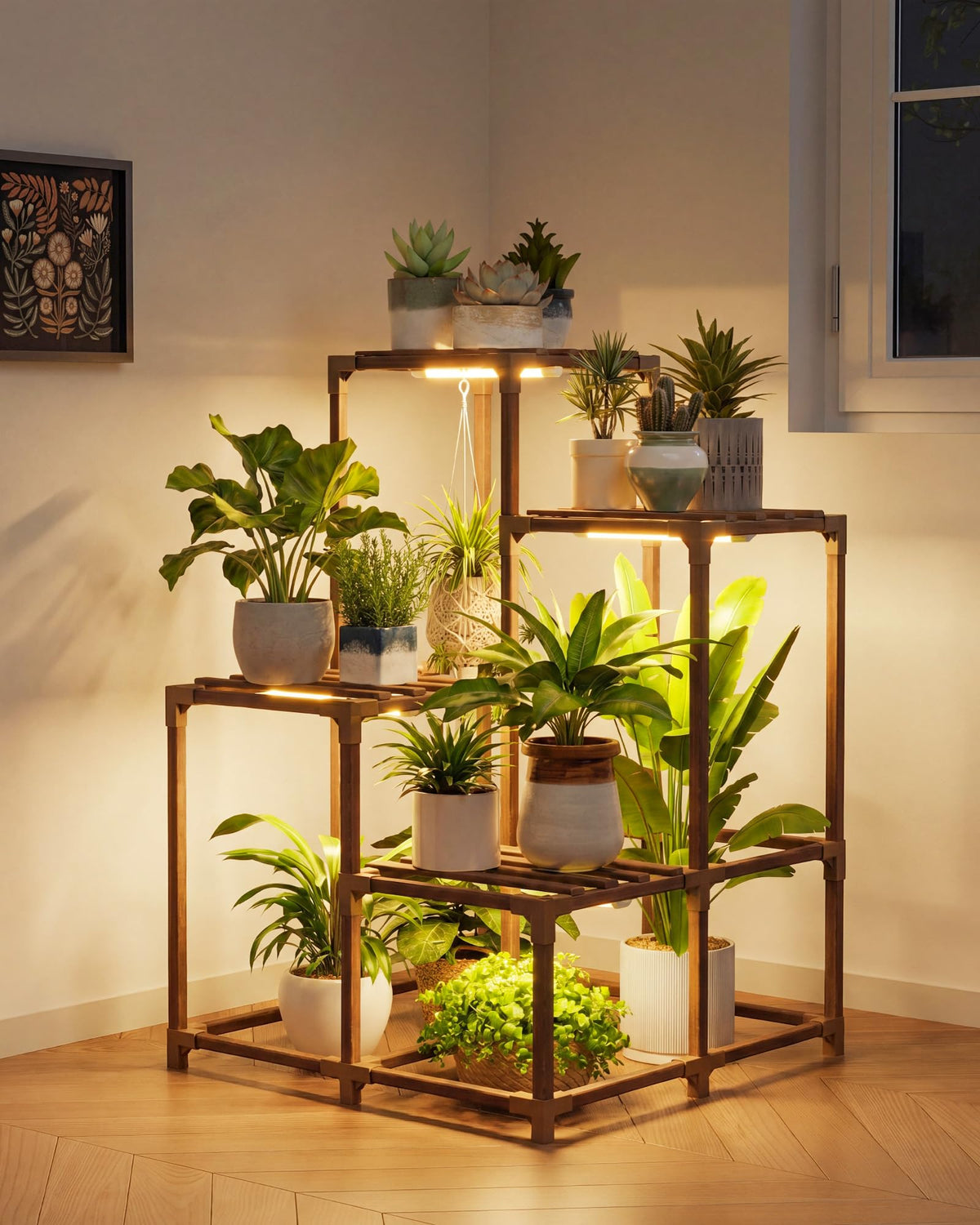 Bamworld soporte frontal mostrando cinco macetas y orden decorativo