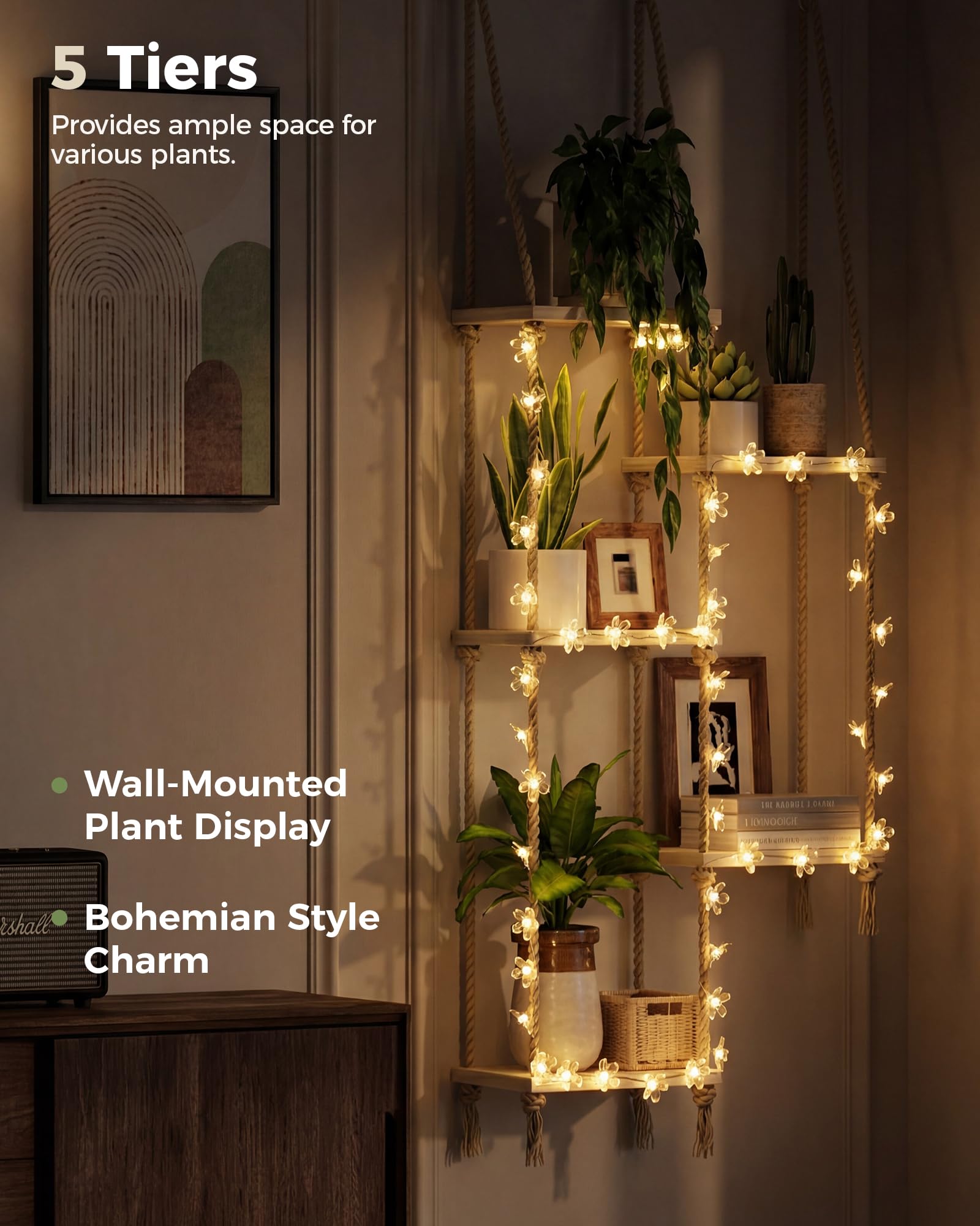 Bamworld luces florales integradas iluminando plantas y creando ambiente cálido