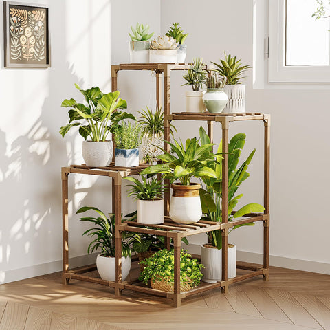 Bamworld soporte de plantas frontal mostrando diseño triangular y ahorro de espacio