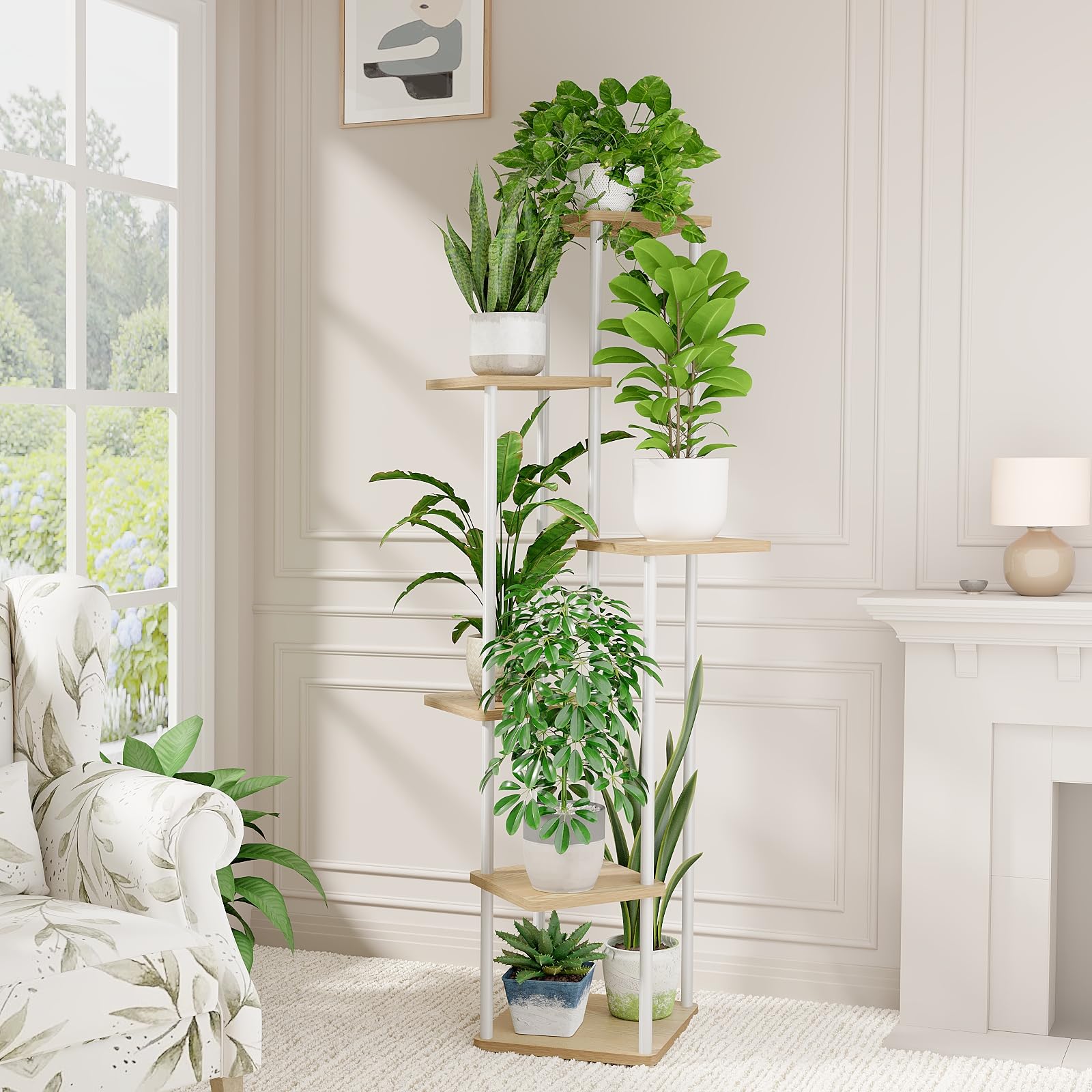 Bamworld soporte planta frontal mostrando diseño blanco y organización eficiente