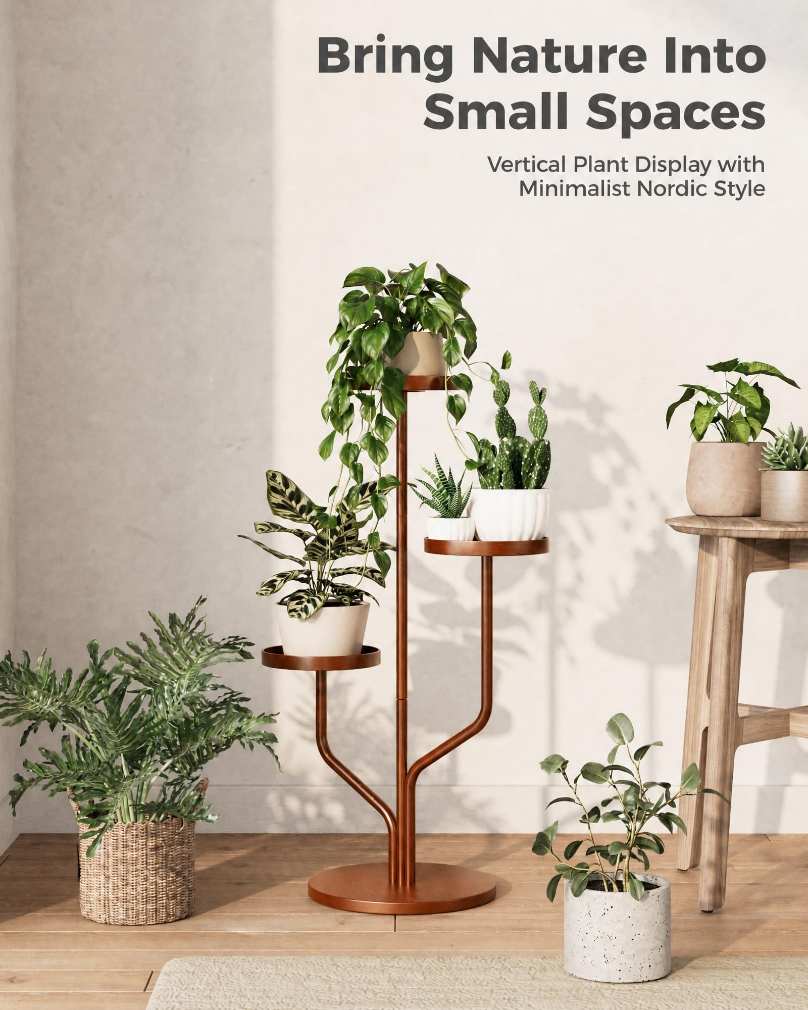 Bamworld soporte con macetas en un salón, crea un punto focal verde y decorativo