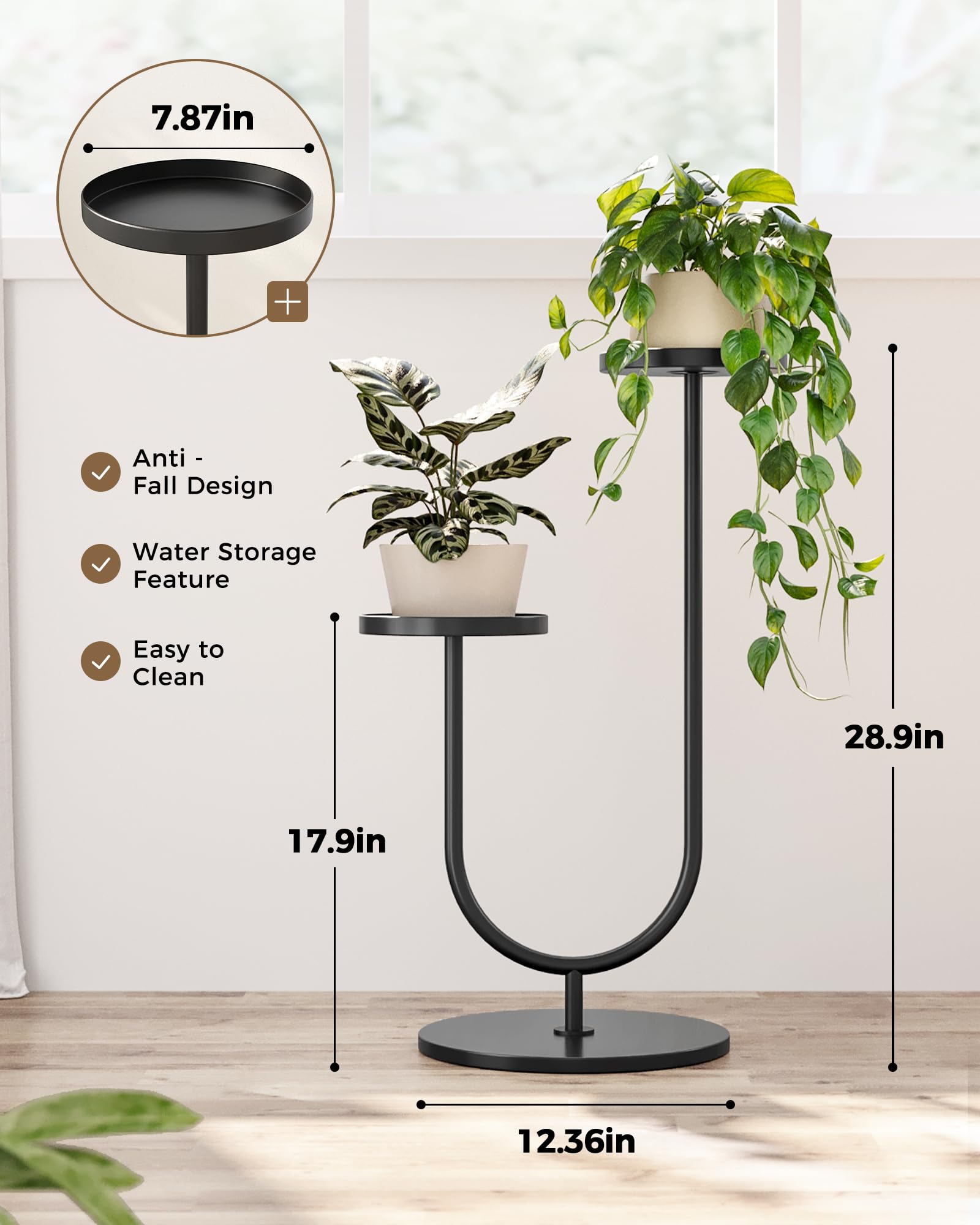 Bamworld estante en esquina de salón con plantas altas optimizando espacio
