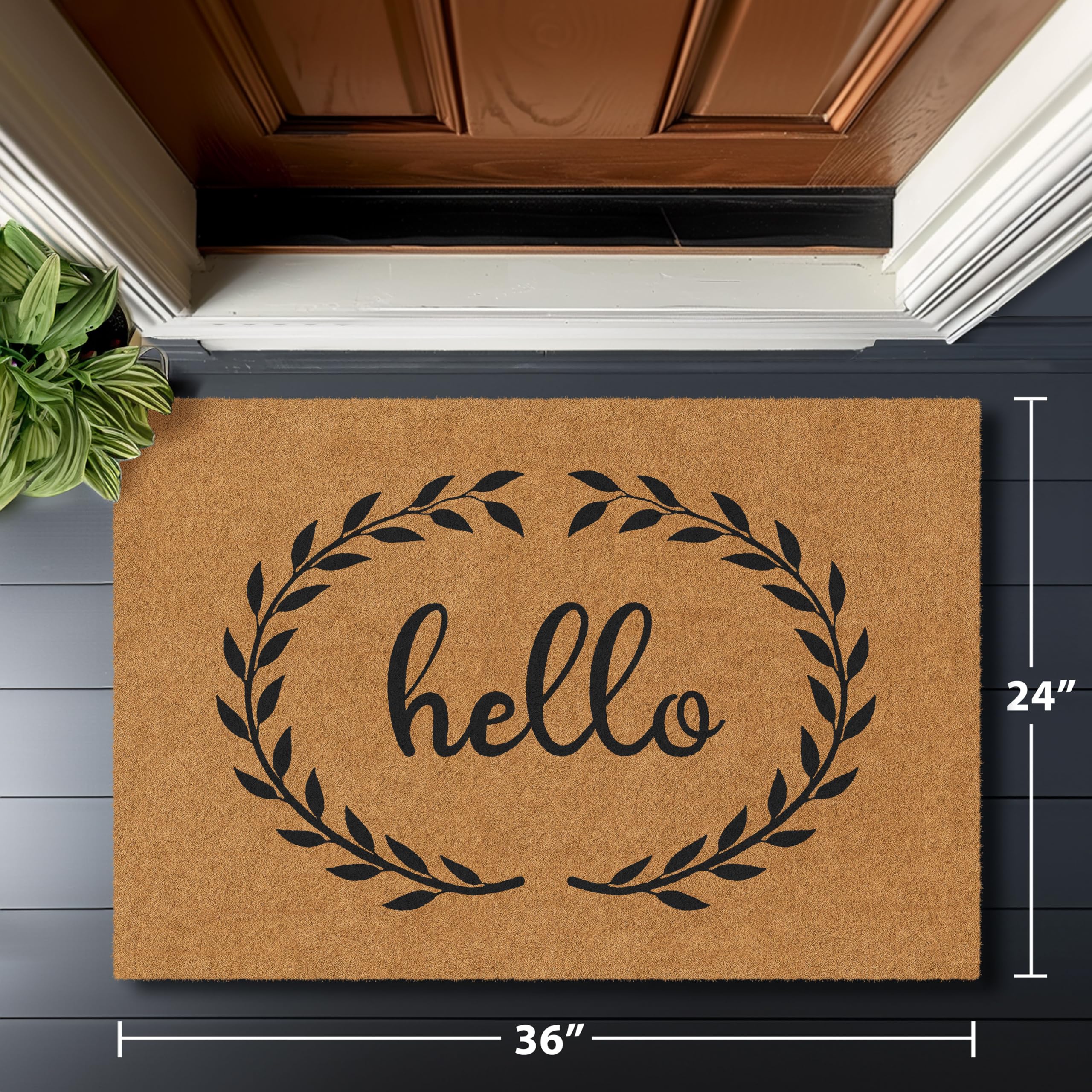 Barnyard Designs detalle de letras "Hello" con corona de hojas decorativa