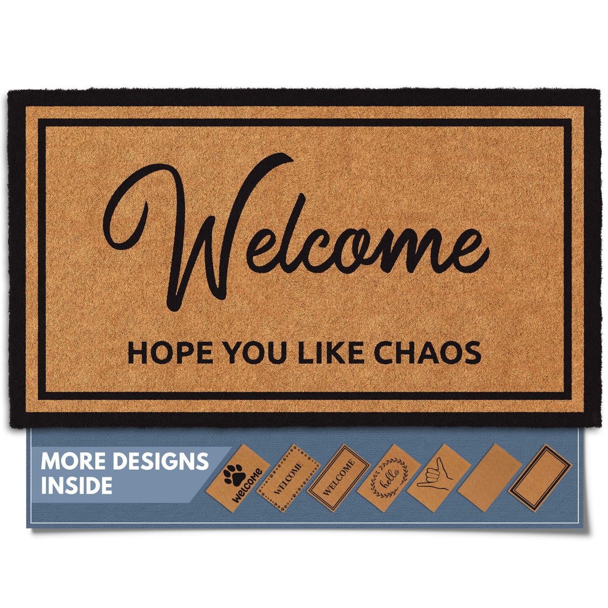 Barnyard Designs felpudo Chaos vista frontal con bienvenida y borde visible