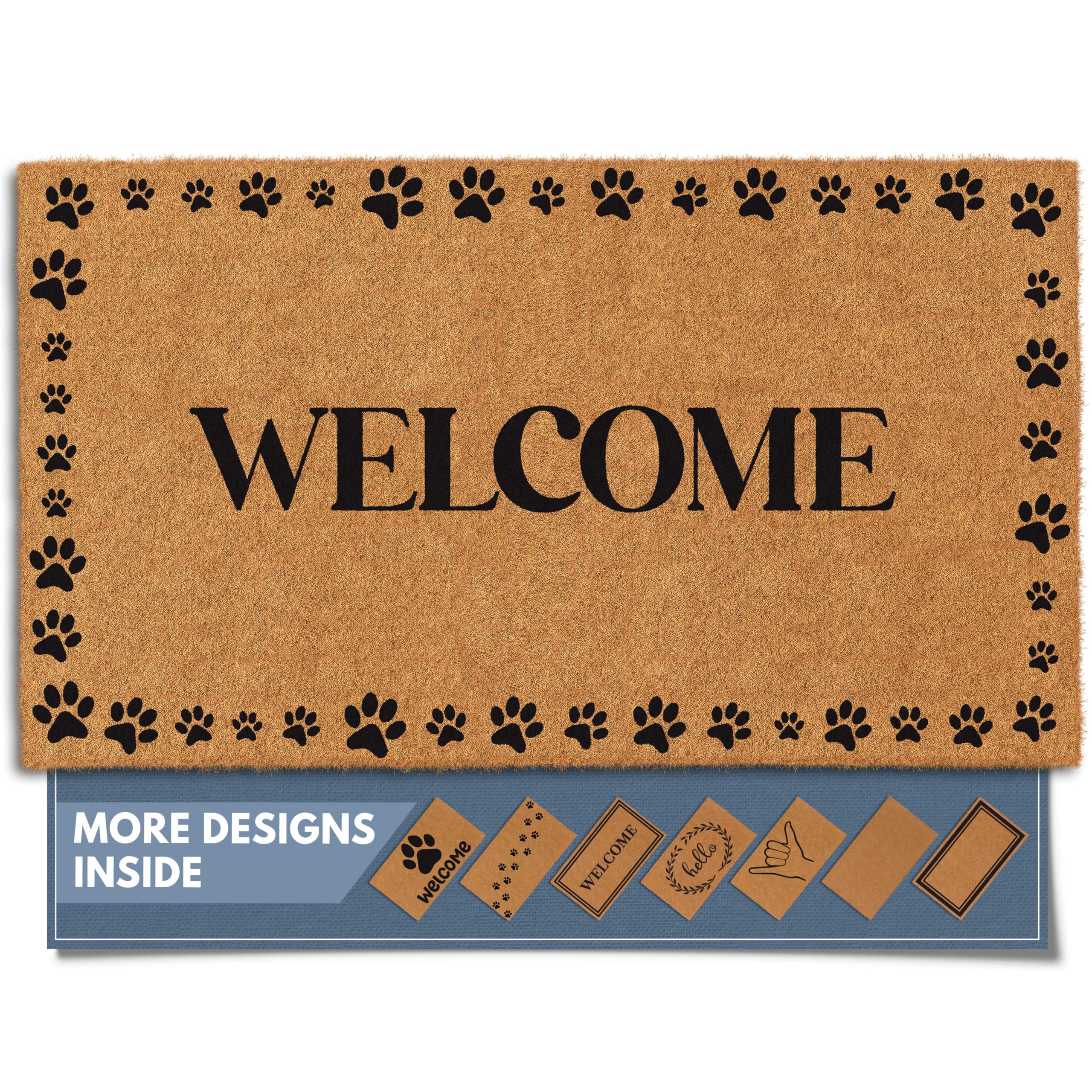 Barnyard Designs felpudo frontal mostrando diseño Welcome Paws y bienvenida funcional