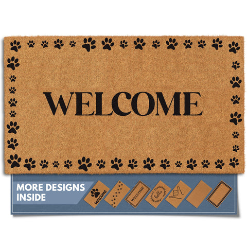Barnyard Designs felpudo frontal mostrando diseño Welcome Paws y bienvenida funcional