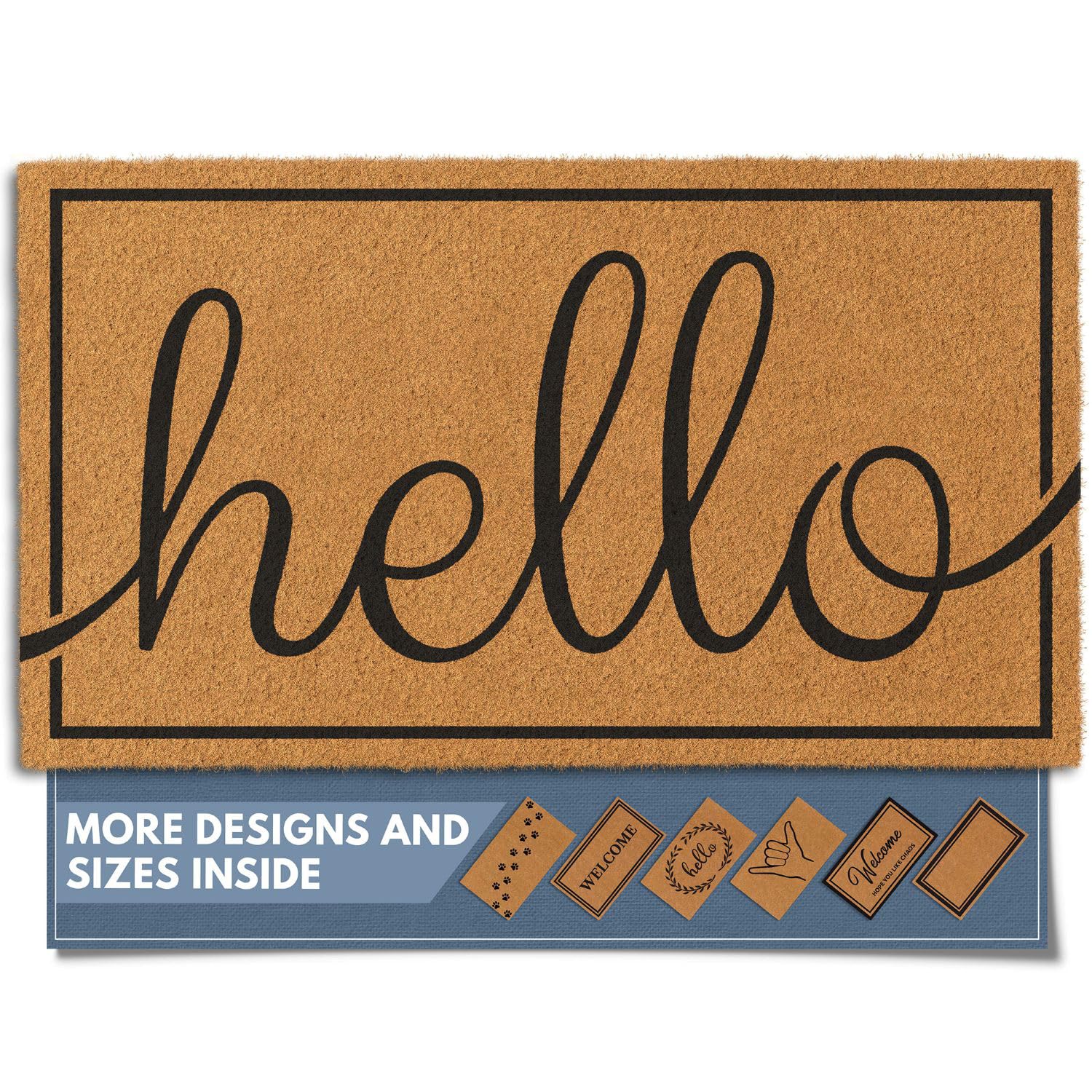 Barnyard Designs felpudo frontal mostrando diseño "Hello" y borde negro, añade bienvenida elegante