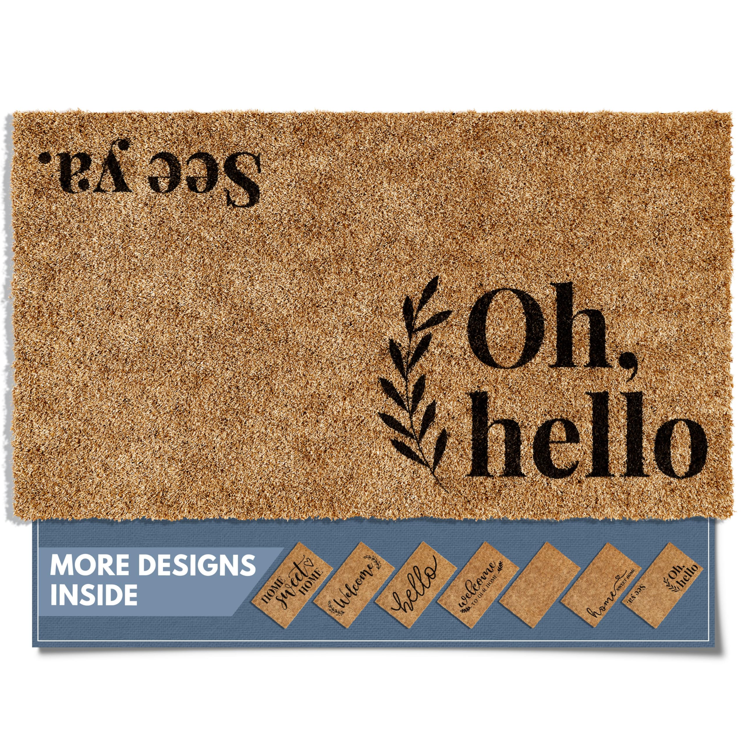 Barnyard Designs felpudo frente mostrando diseño "Oh Hello" y bienvenida clara